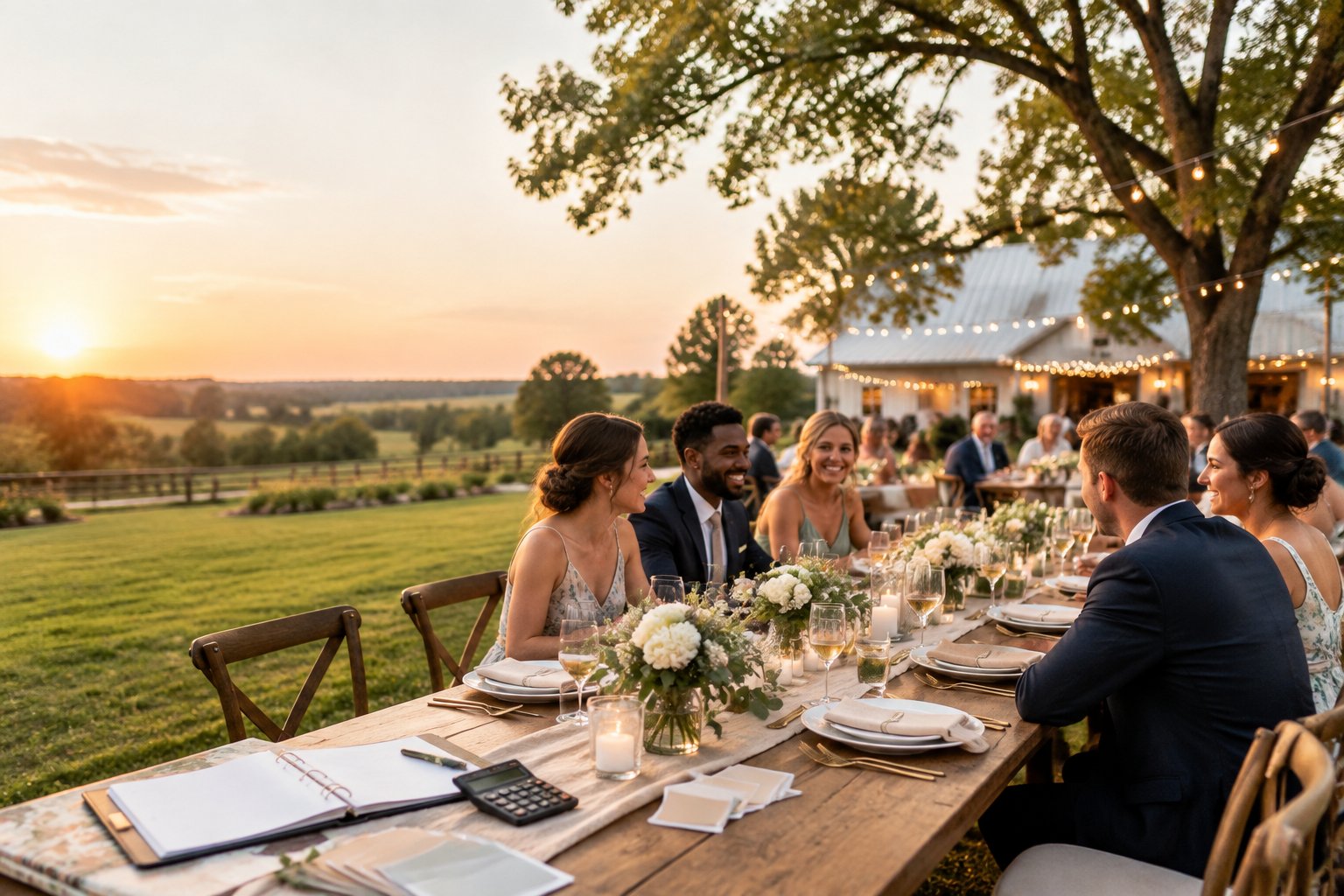 Elegant outdoor wedding reception at a countryside venue with a decorated dining table and wedding planning materials.