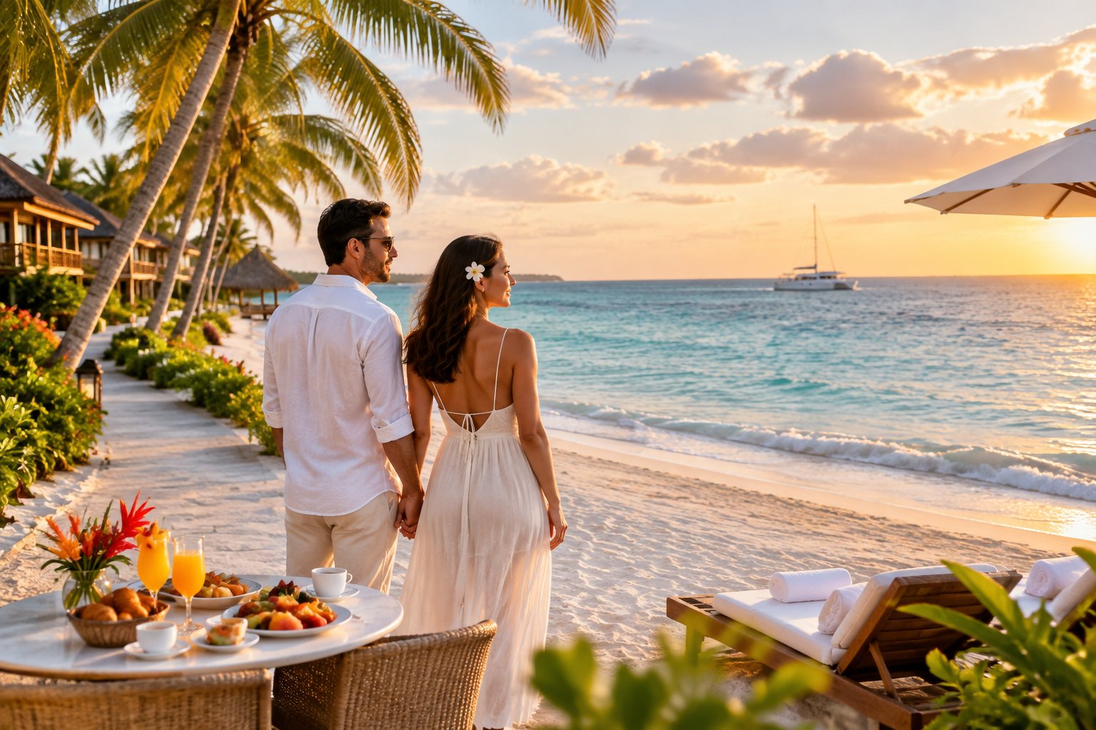 Newlywed couple holding hands on a tropical Caribbean beach beside a luxury resort.