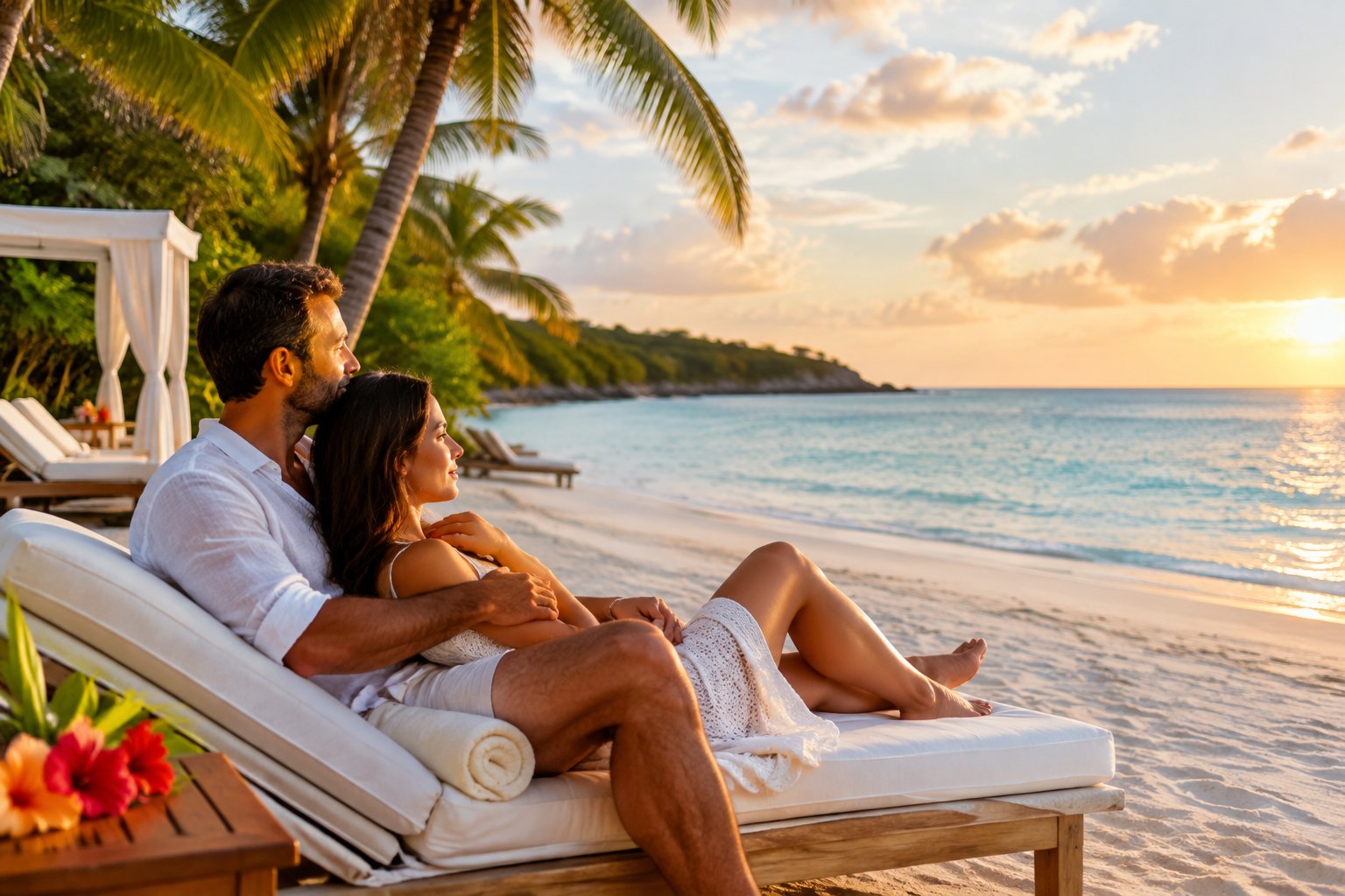 Newlywed couple relaxing together on a tropical beach in Antigua.