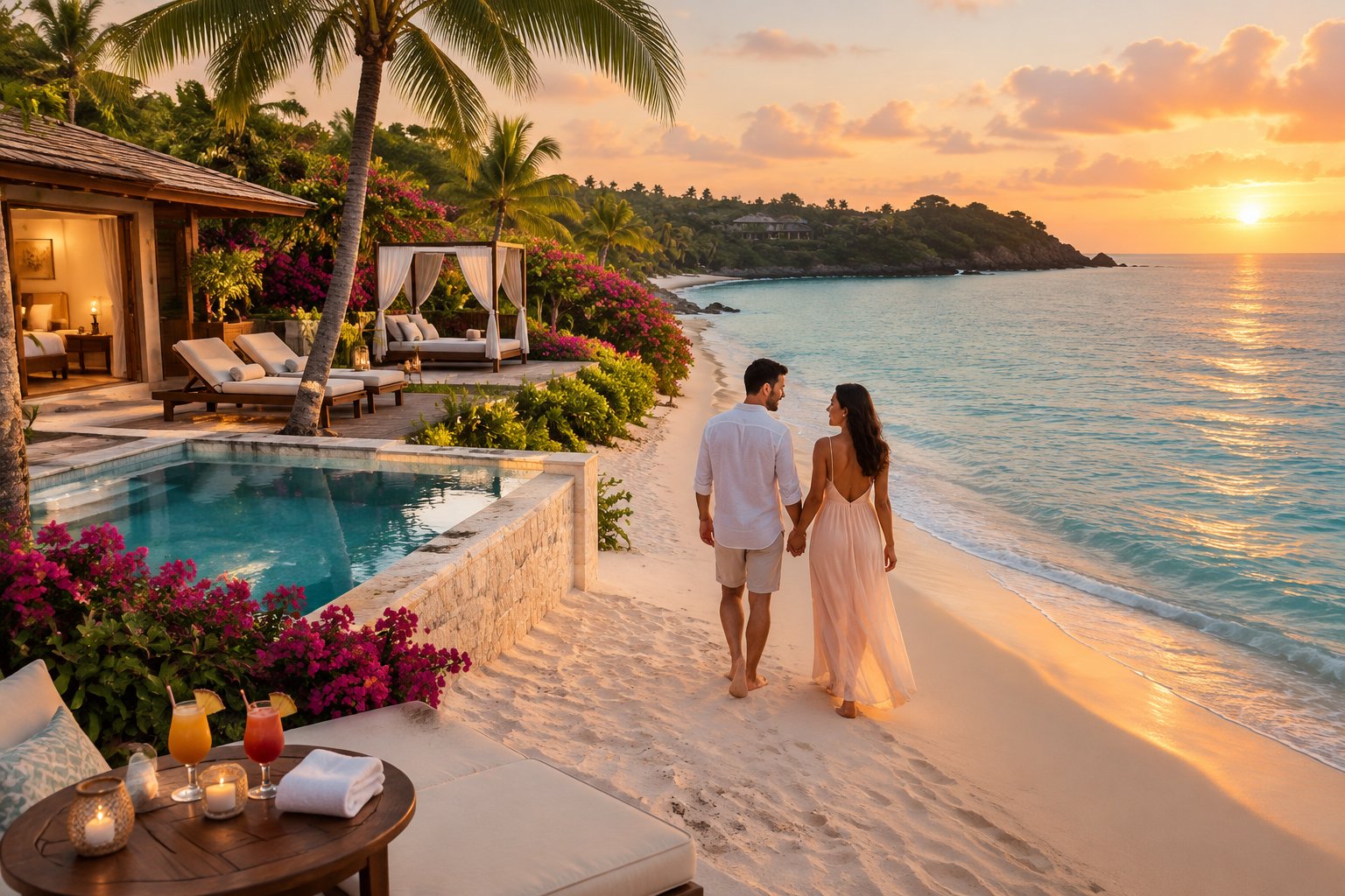 A couple walks hand in hand along a white-sand beach at a luxurious Caribbean resort in Antigua.
