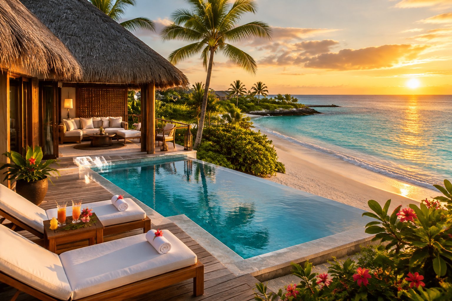 A luxurious beachfront resort on a tropical Bahamian island with turquoise water, palm trees, and two lounge chairs by the shore.