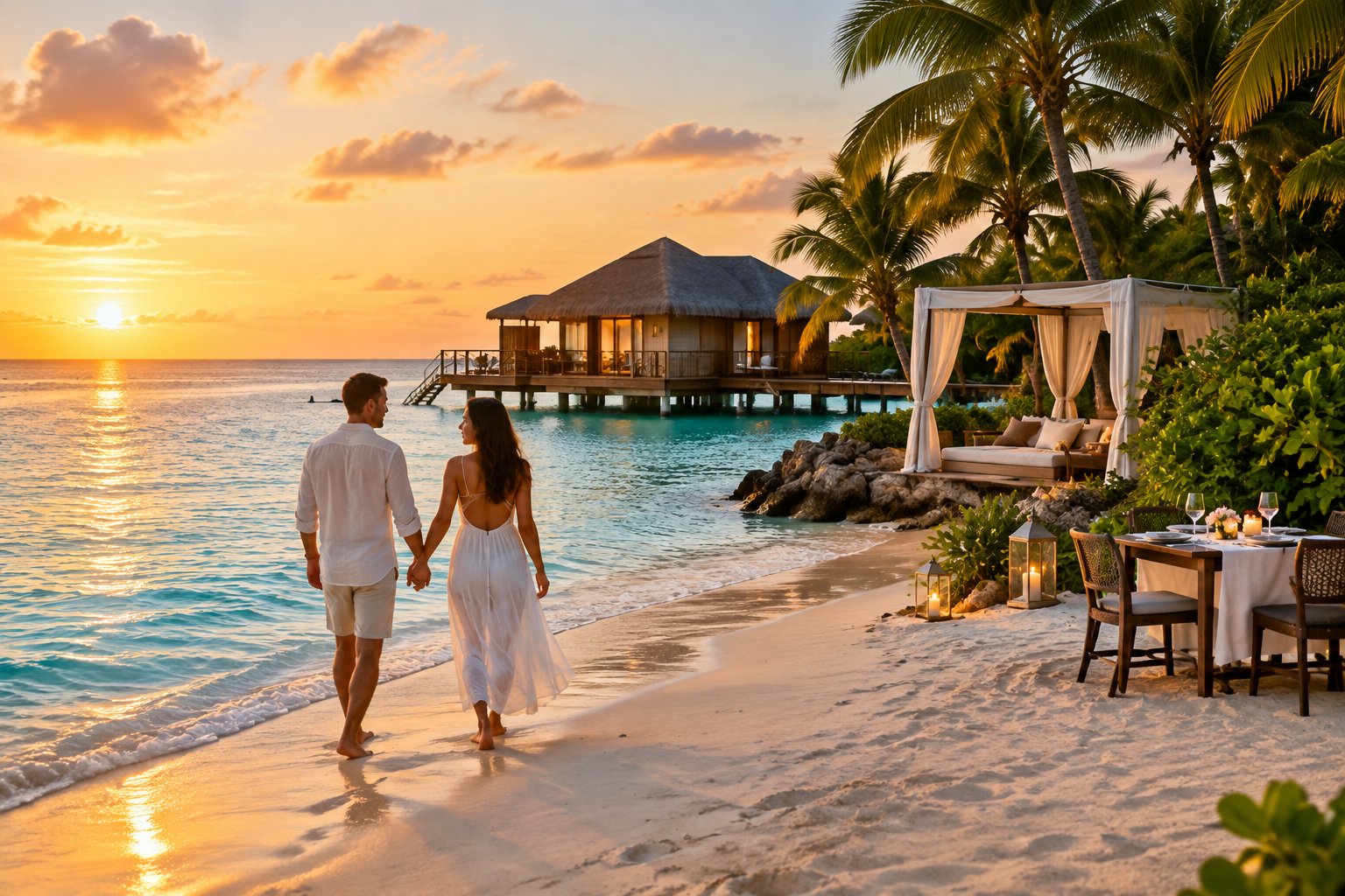 A couple walks along a white sandy beach beside a luxurious tropical resort in the Bahamas.