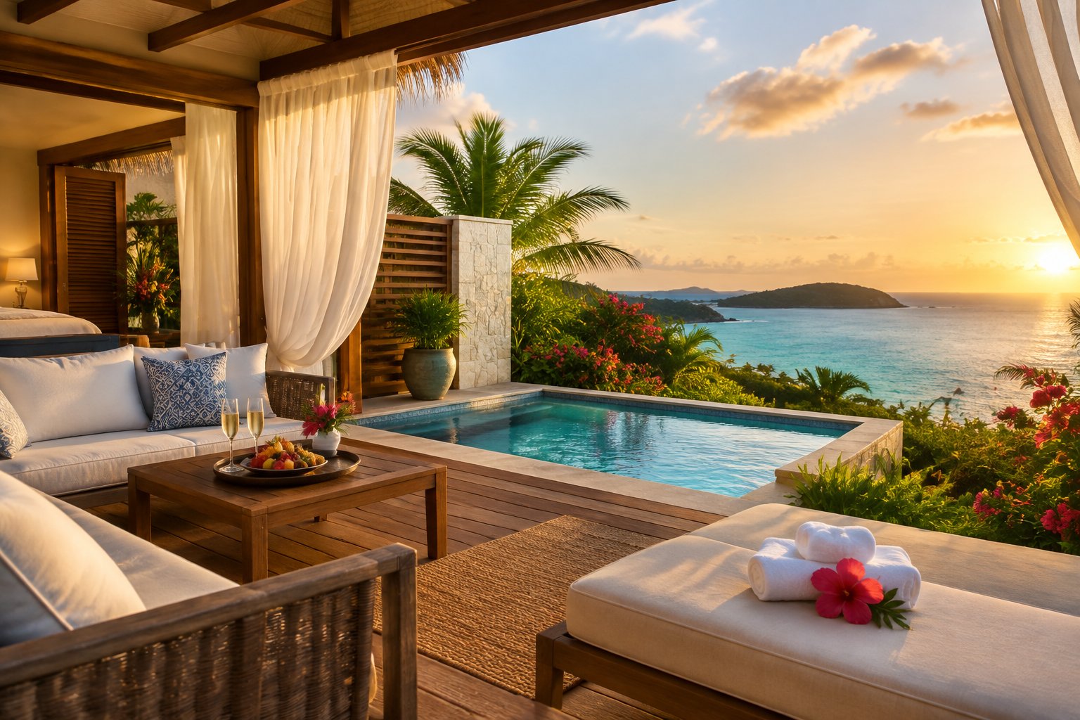 A secluded honeymoon suite terrace overlooking the turquoise Caribbean Sea, surrounded by tropical greenery and furnished with a private plunge pool and romantic amenities.