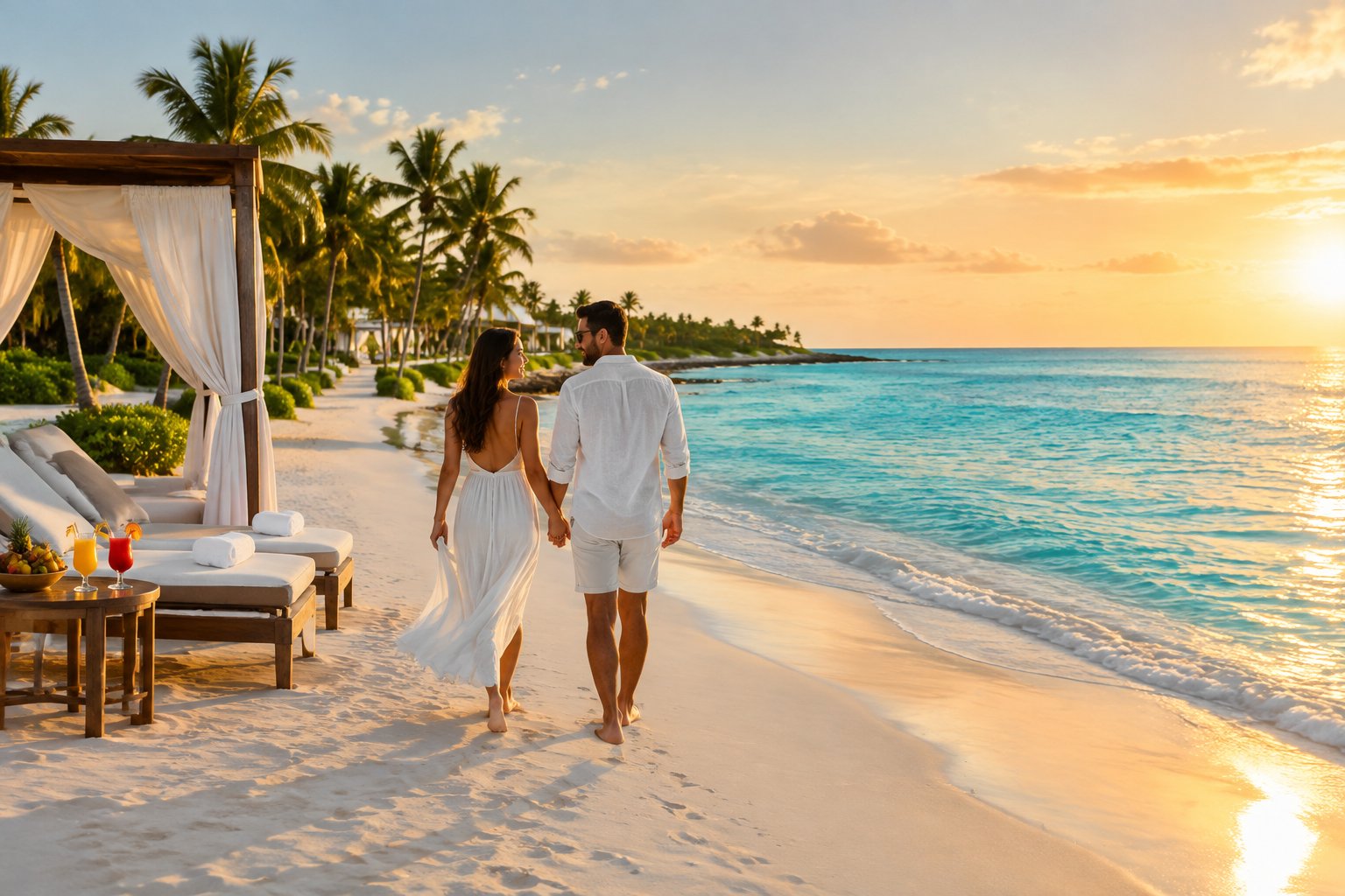 A newlywed couple walks along a white-sand beach at a luxurious Bahamian resort.