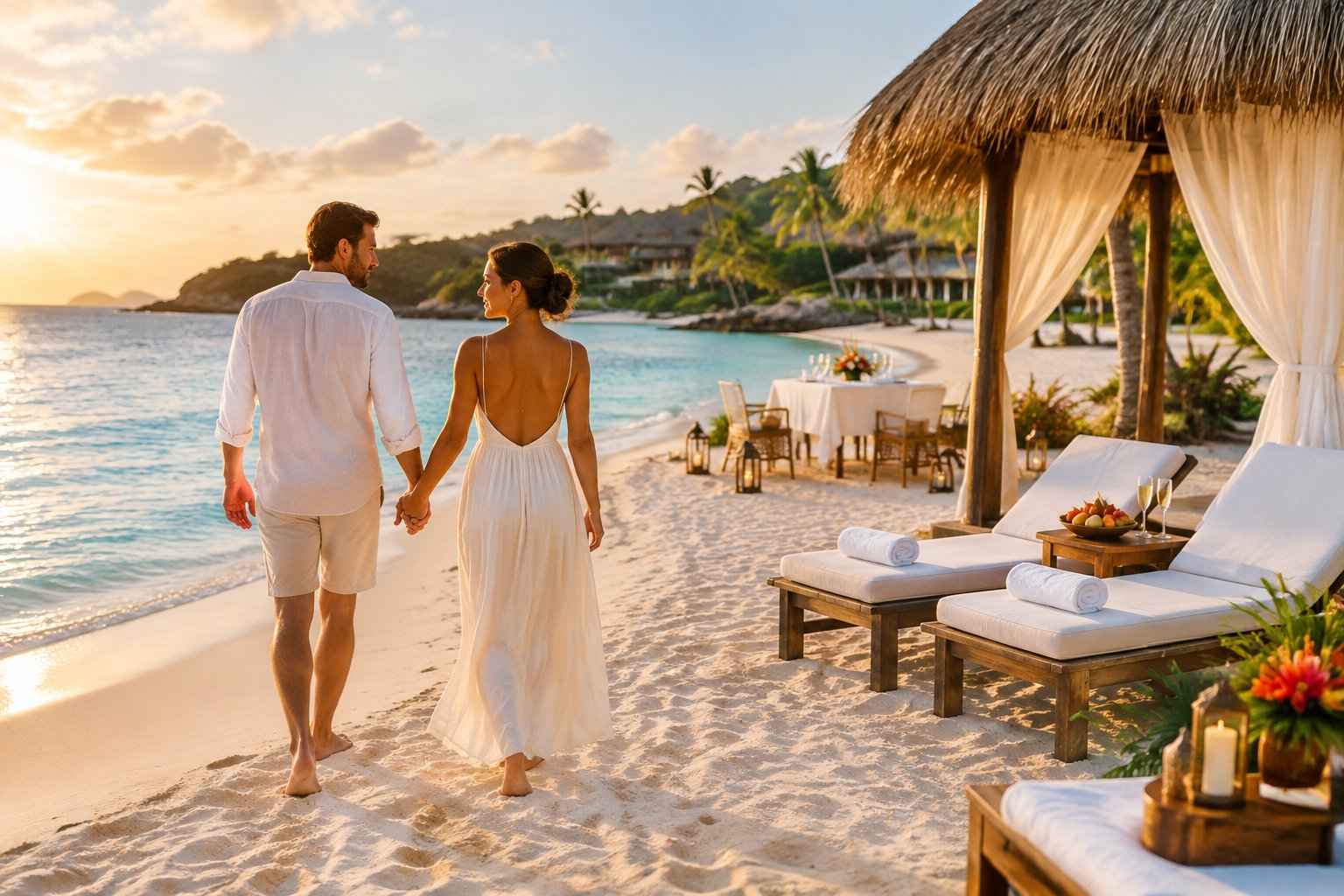 A newlywed couple walks hand in hand along a white-sand beach beside a luxurious Antigua resort.