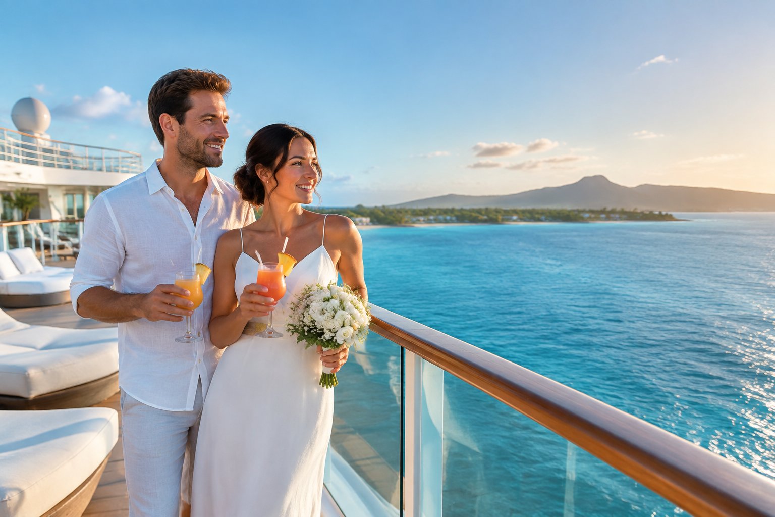 A newlywed couple enjoys a tropical ocean view from the deck of a luxury cruise ship.