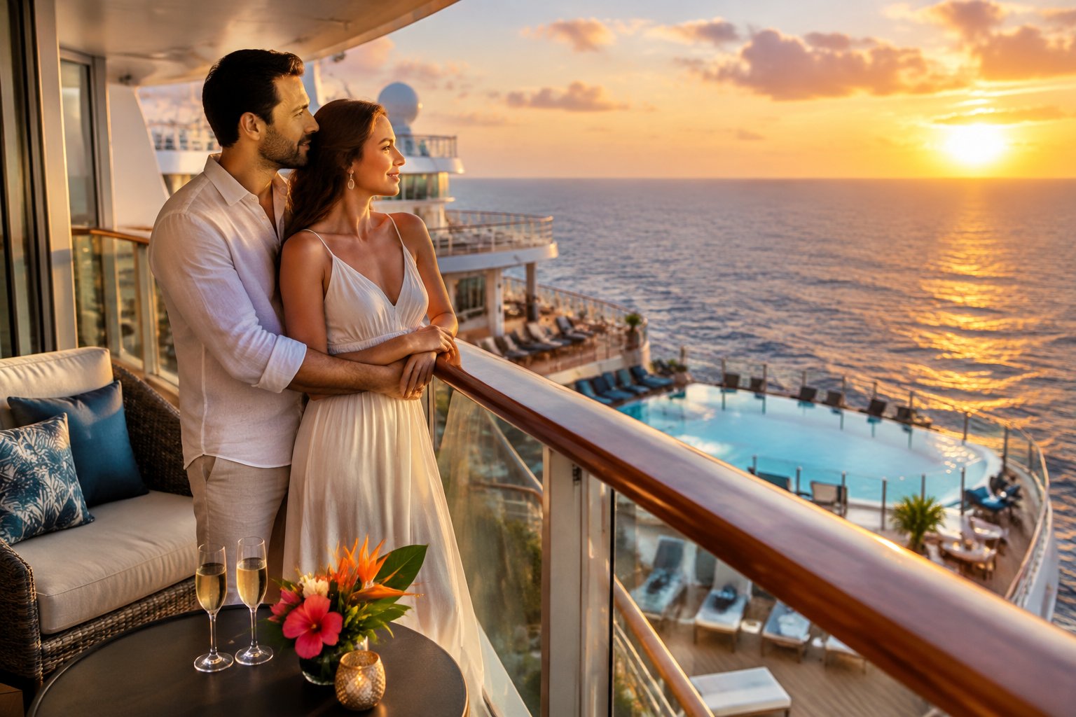 A newlywed couple embraces on a cruise ship balcony overlooking a tropical ocean at sunset.