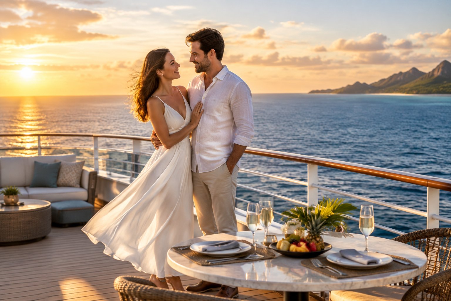 A newlywed couple enjoys a sunset view from the deck of a cruise ship.