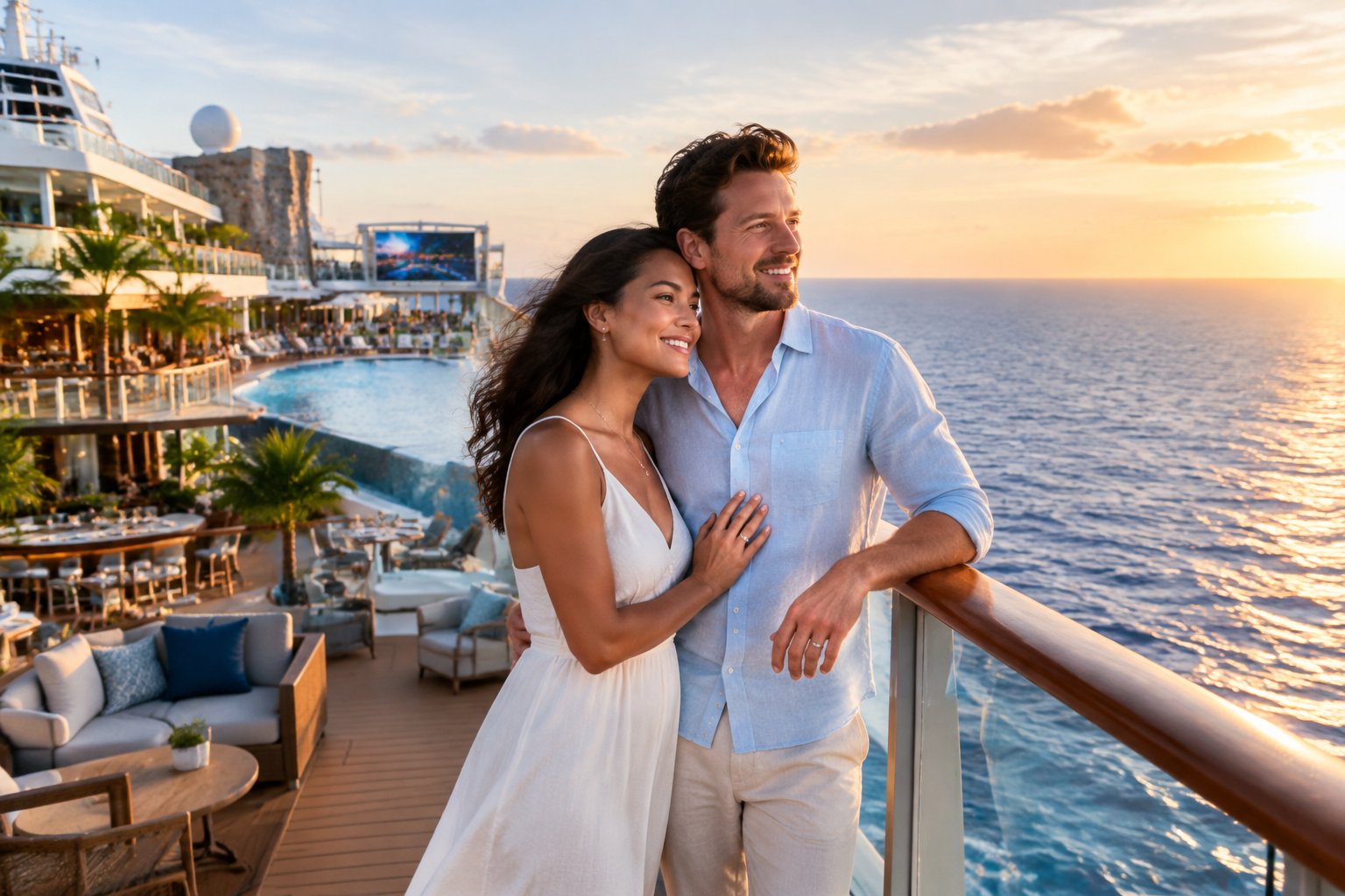 Newlywed couple relaxing on the upper deck of a luxury cruise ship while looking out over the ocean.