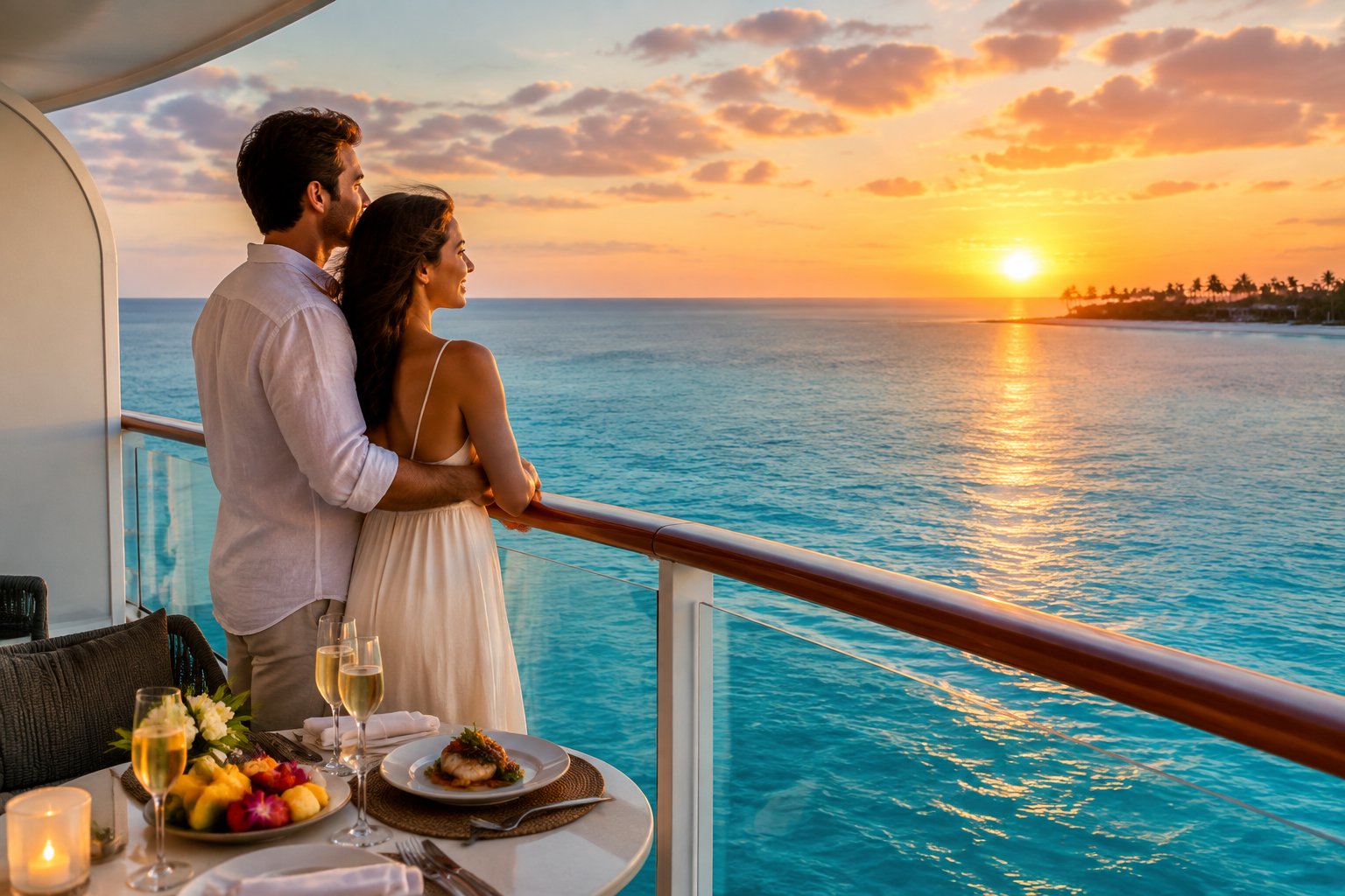 Newlywed couple embracing on a luxury cruise balcony while watching a tropical sunset over the ocean.