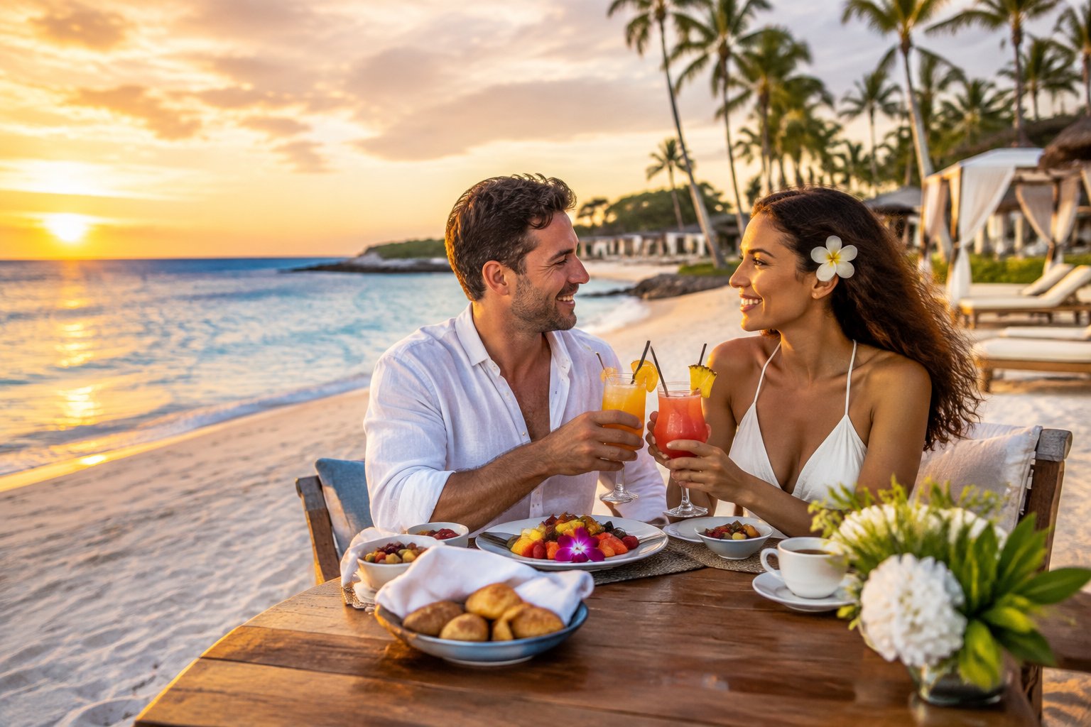 A newlywed couple relaxes together at a luxurious beachfront resort in Barbados.