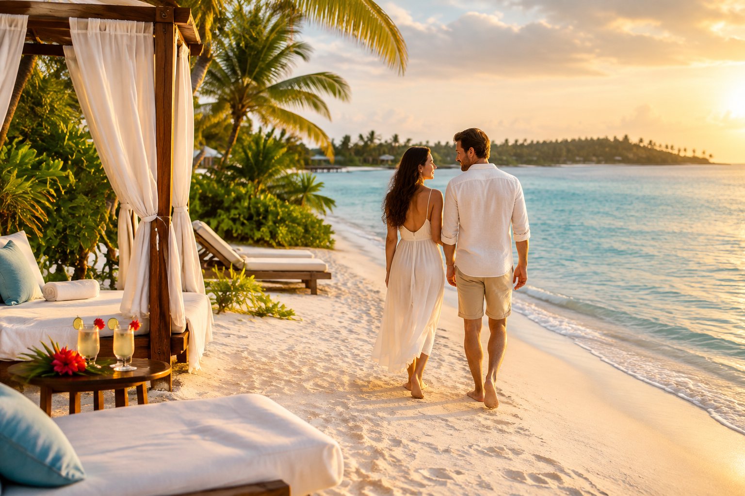 A couple walks along a tropical beach beside a luxurious Belize resort at sunset.
