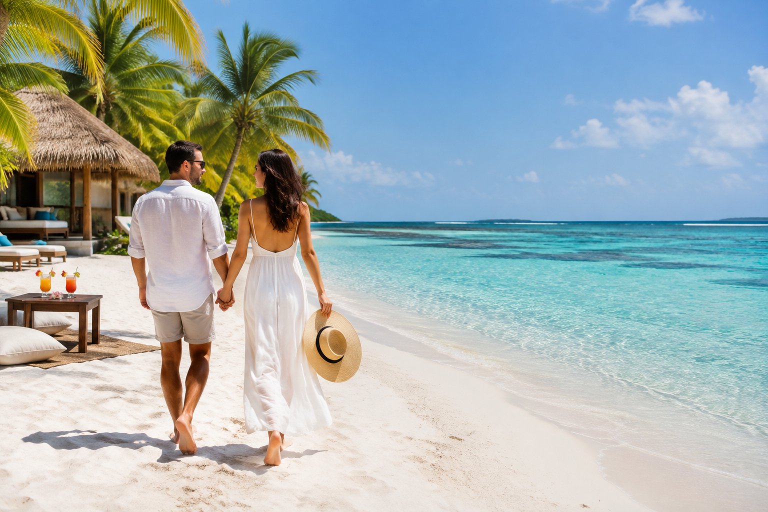 A newlywed couple walks along a white-sand beach at a tropical Belize resort.