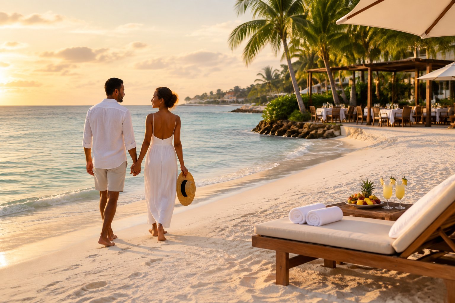 Newlywed couple walking along a tropical Barbados beach beside an upscale resort.