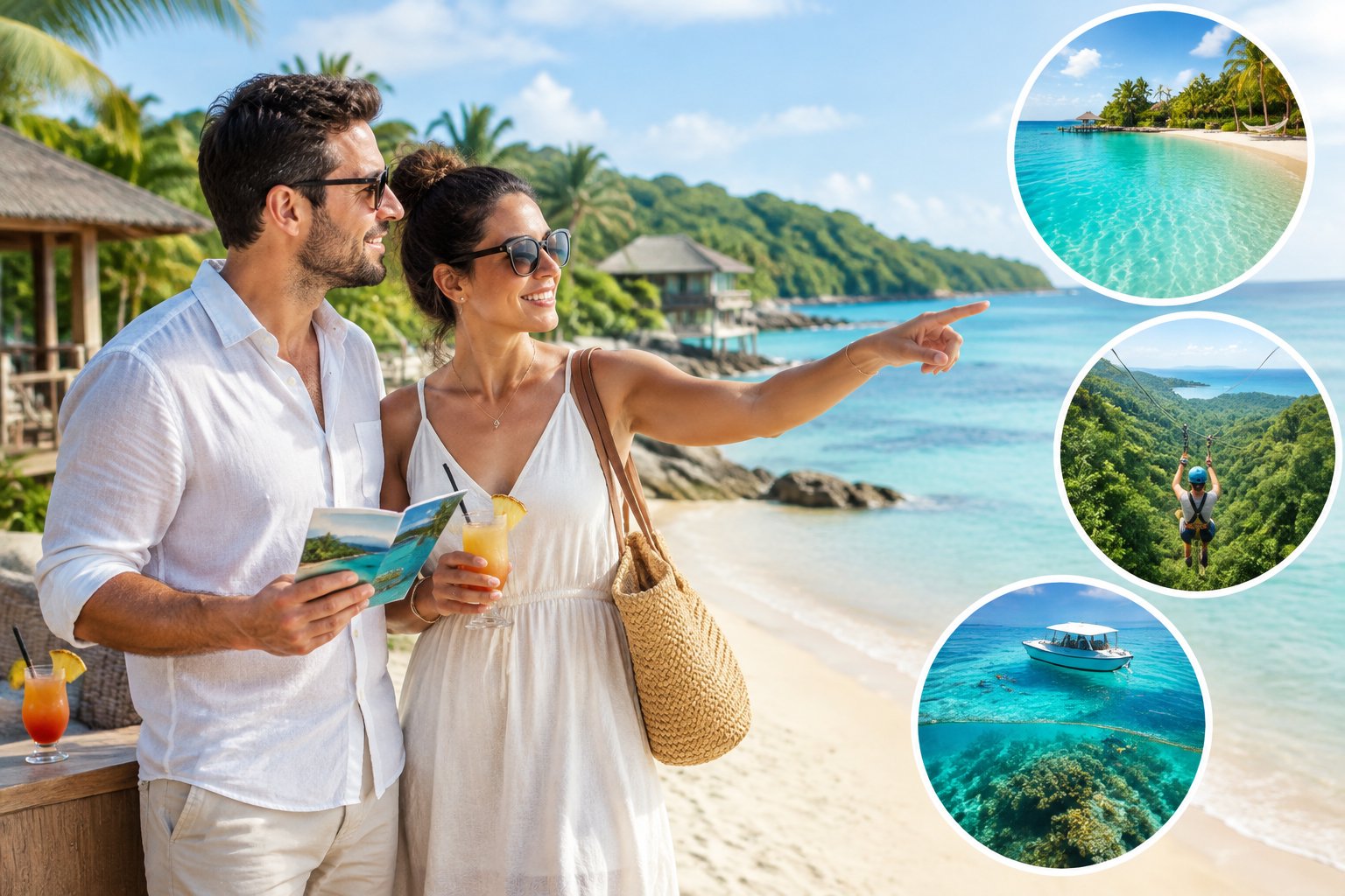Newlywed couple comparing honeymoon experiences on a tropical Belize beach beside a luxury resort.