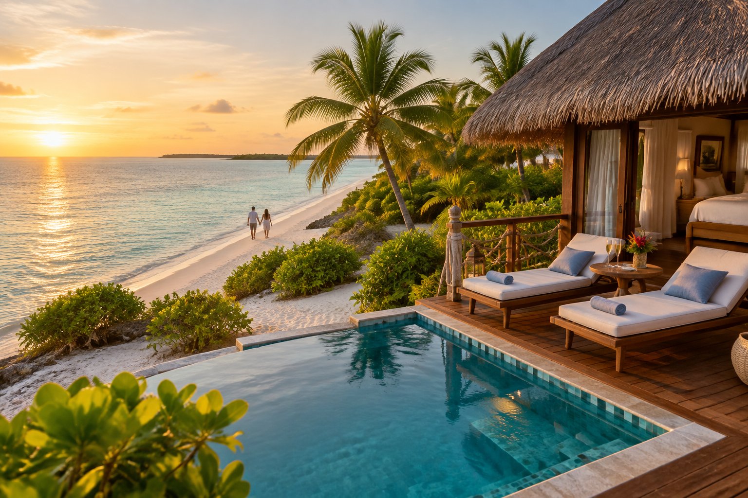 A luxurious beachfront bungalow with a private pool overlooking turquoise Caribbean water in Belize.