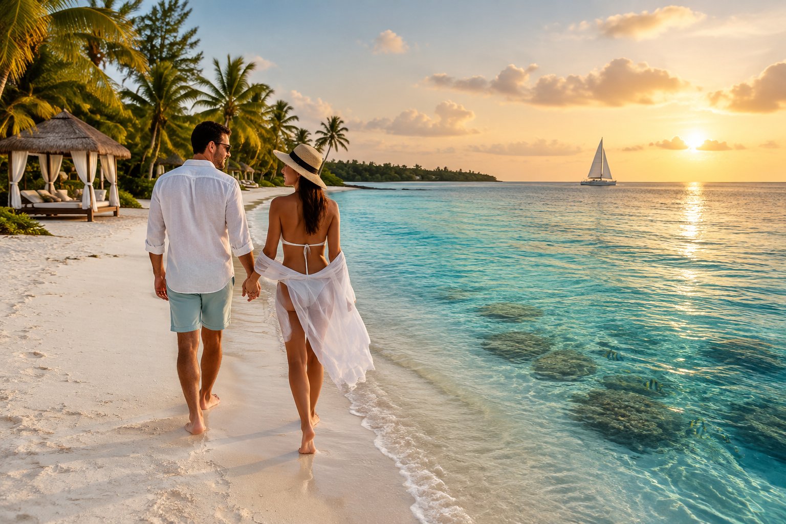 A newlywed couple walks hand in hand along a tropical Belize beach near a resort.