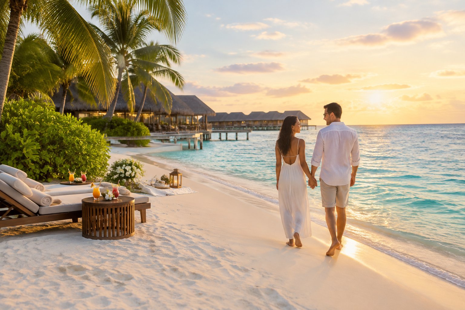 A newlywed couple walks along a tropical beach beside a luxury resort at sunset.