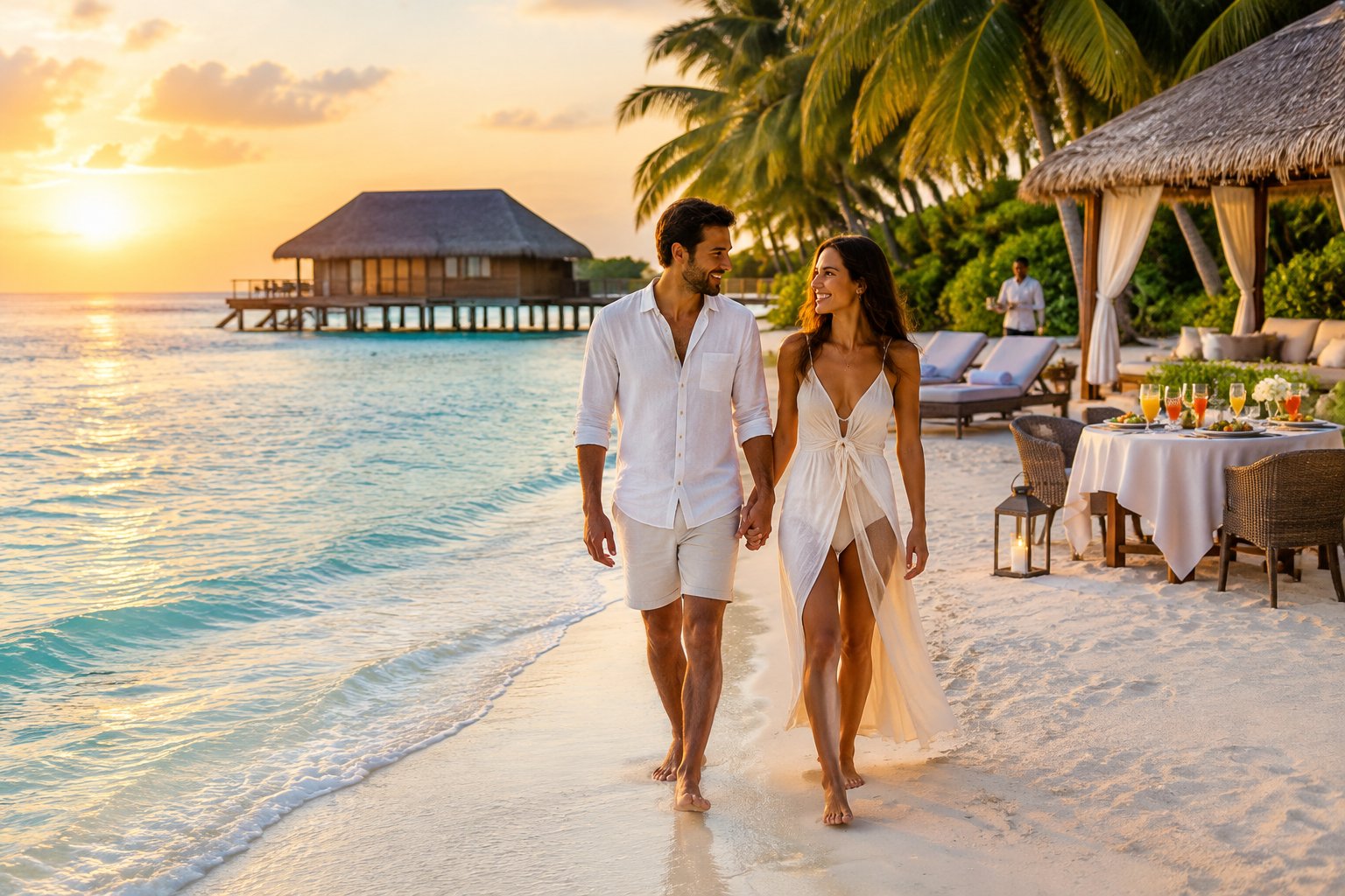 Newlywed couple walking along a tropical resort beach with an overwater bungalow and romantic dining setup nearby.