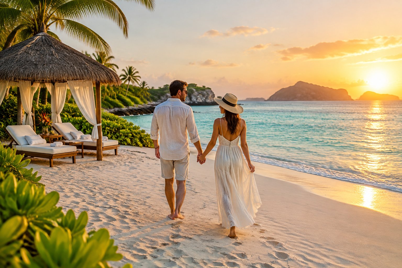 A couple walks hand in hand along a tropical beach beside a luxury resort at sunset.