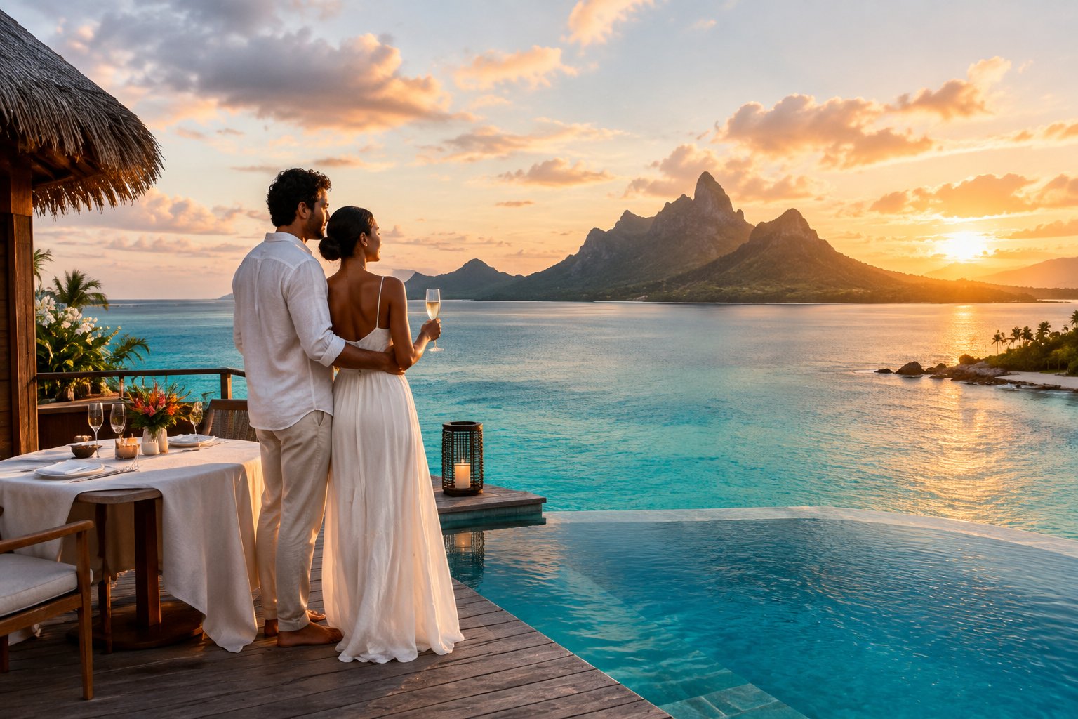 Newlywed couple embracing on a secluded tropical resort deck at sunset, overlooking a turquoise lagoon.