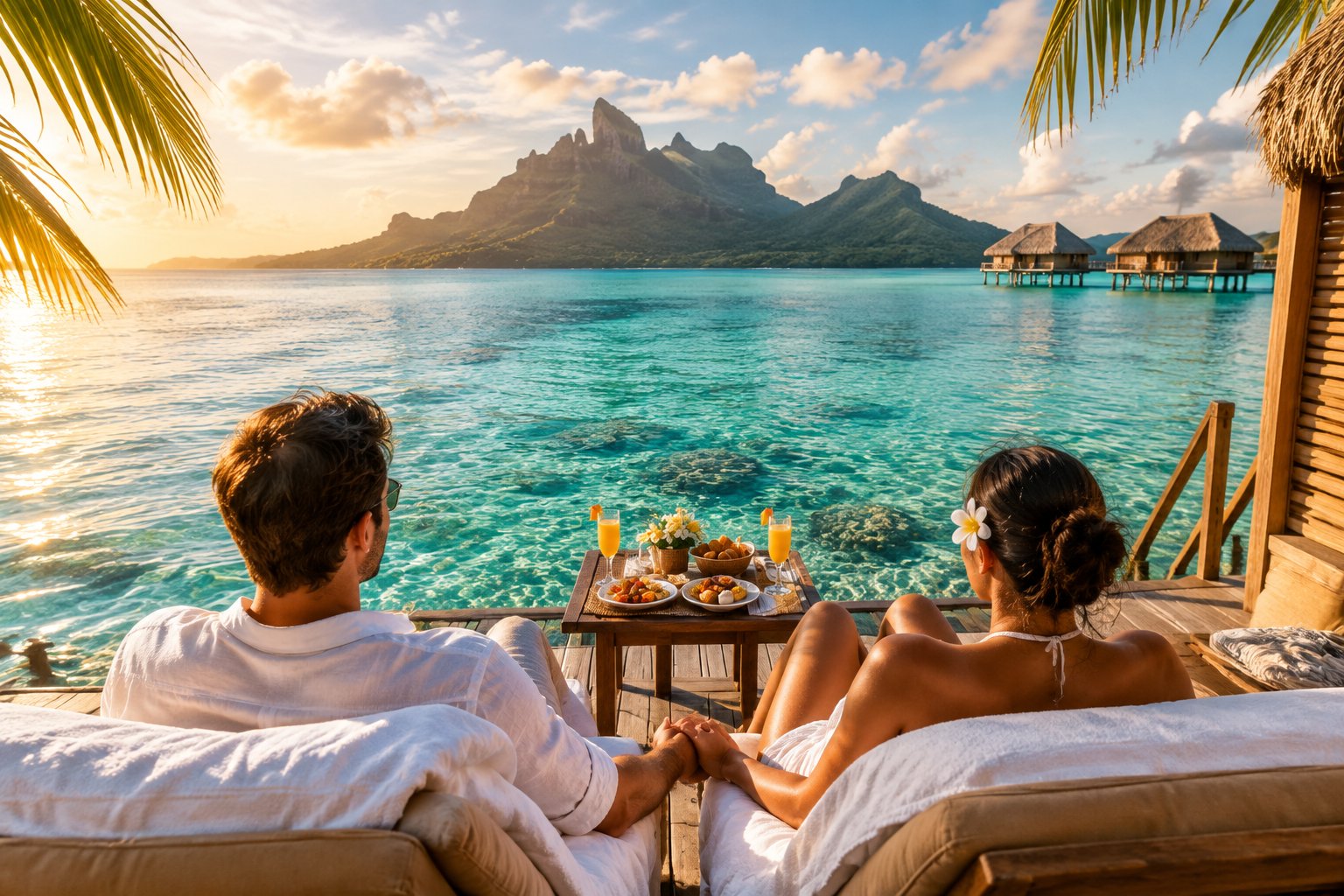 A couple relaxes on an overwater bungalow deck overlooking Bora Bora’s turquoise lagoon and green mountains.
