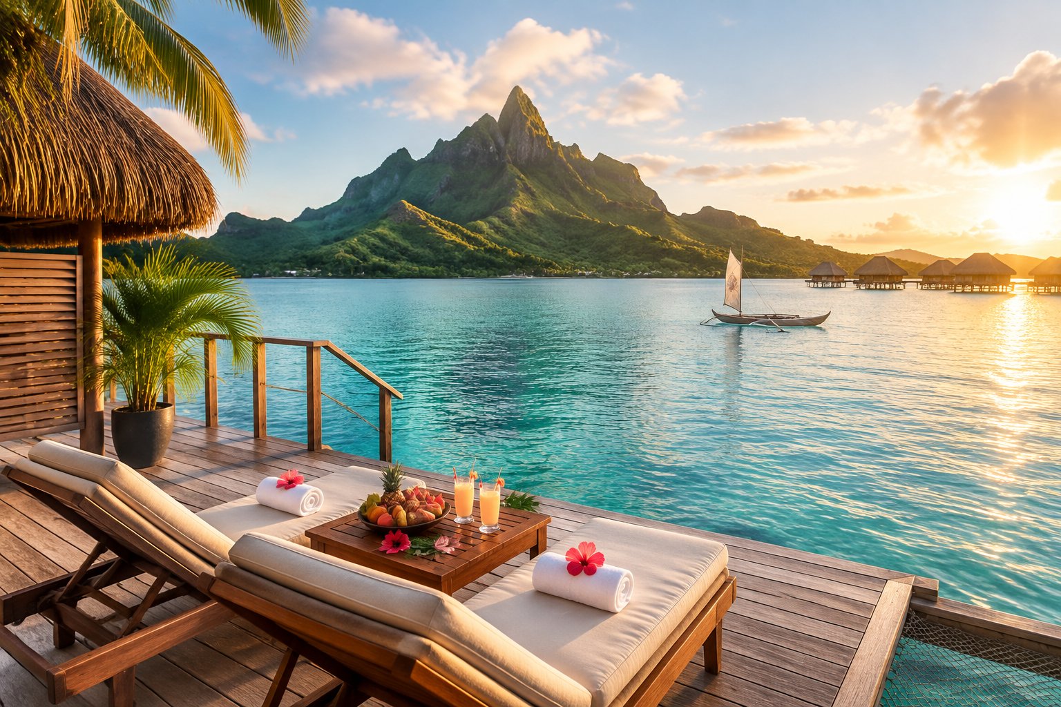 A romantic overwater bungalow with lounge chairs overlooking Bora Bora’s turquoise lagoon and green mountains.