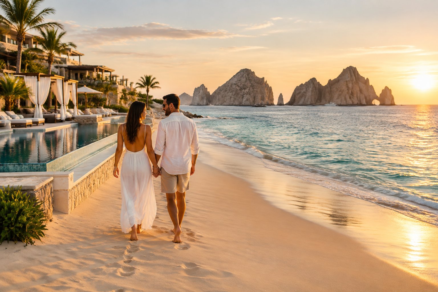 A couple walks hand in hand along a sunny Los Cabos beach beside a luxury resort and turquoise ocean.