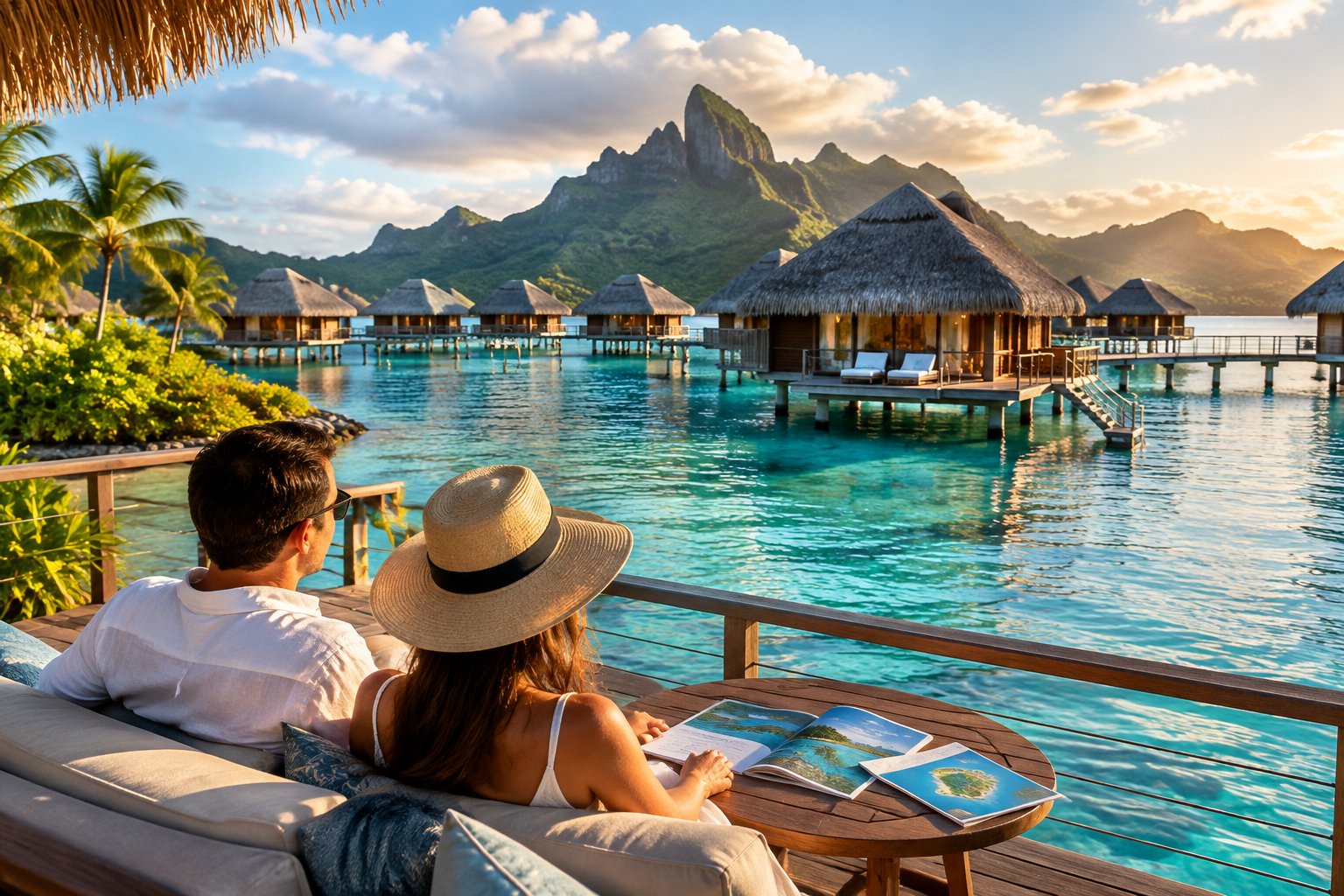 A couple compares overwater bungalows at a tropical Bora Bora resort.