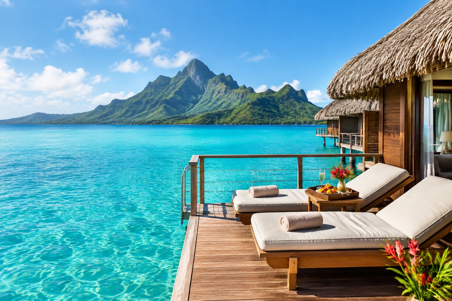 A luxurious overwater bungalow overlooking the turquoise lagoon and green mountains of Bora Bora.