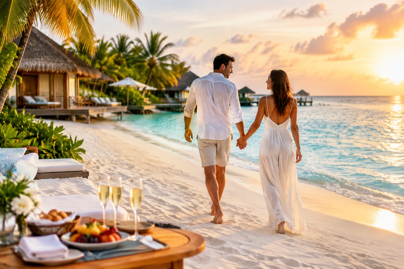 Newlyweds walk hand in hand along a tropical beach beside a luxurious resort.