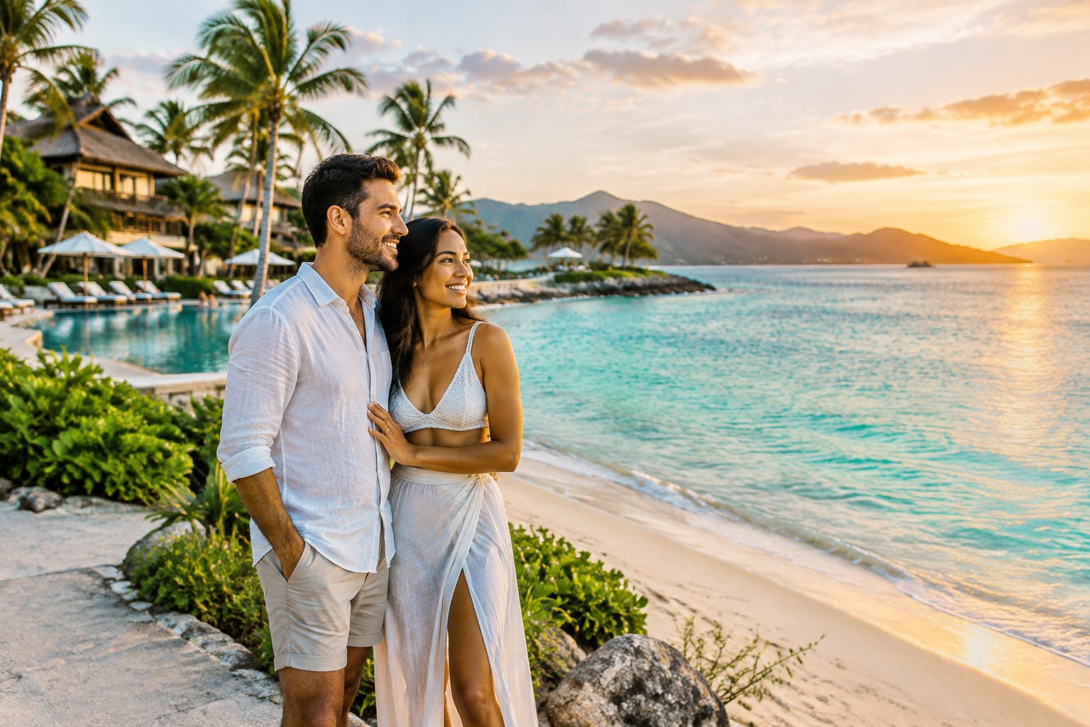 Newlywed couple enjoying a tropical beach beside a luxurious all-inclusive resort.