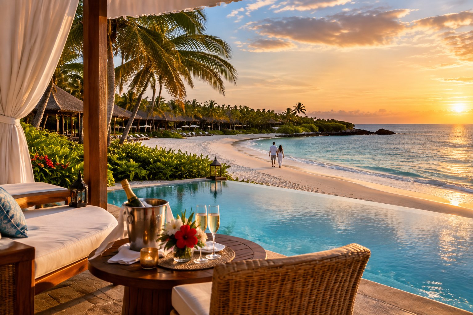 A luxurious Caribbean beach resort with a romantic champagne table overlooking turquoise water.