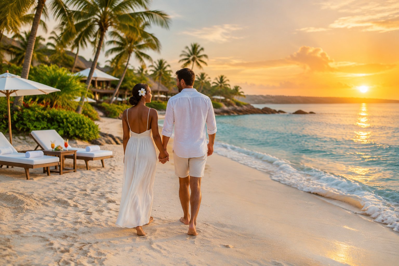 Newlywed couple walking along a tropical beach beside a luxurious all-inclusive resort.