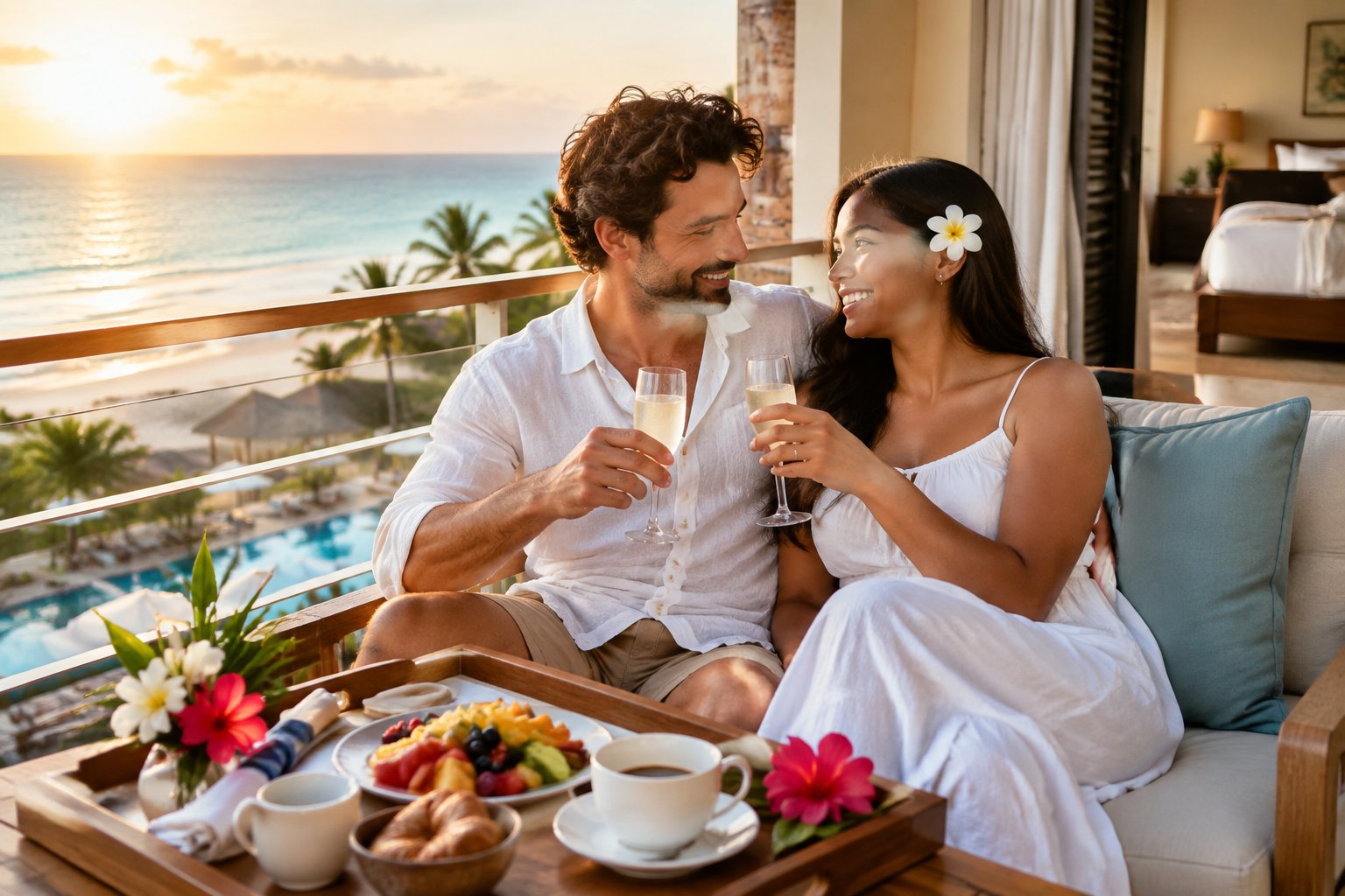 Newlywed couple relaxing at an affordable tropical resort with breakfast and drinks overlooking the sea.