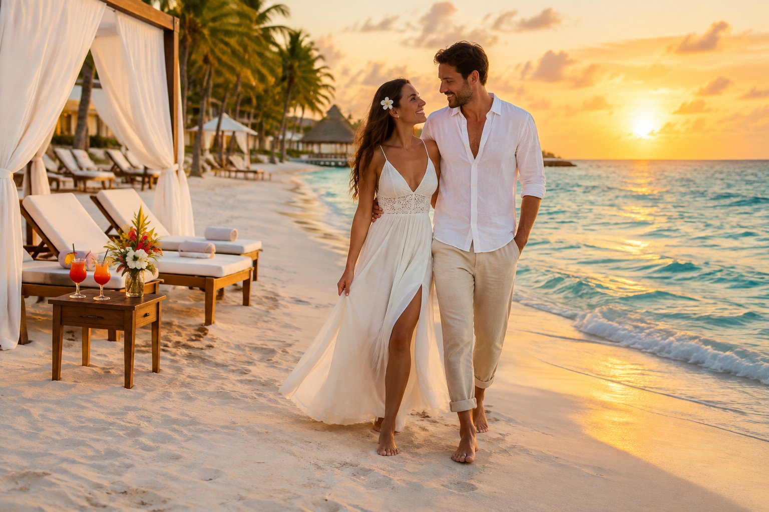 Newlywed couple walking along a tropical beach beside a luxurious resort at sunset.