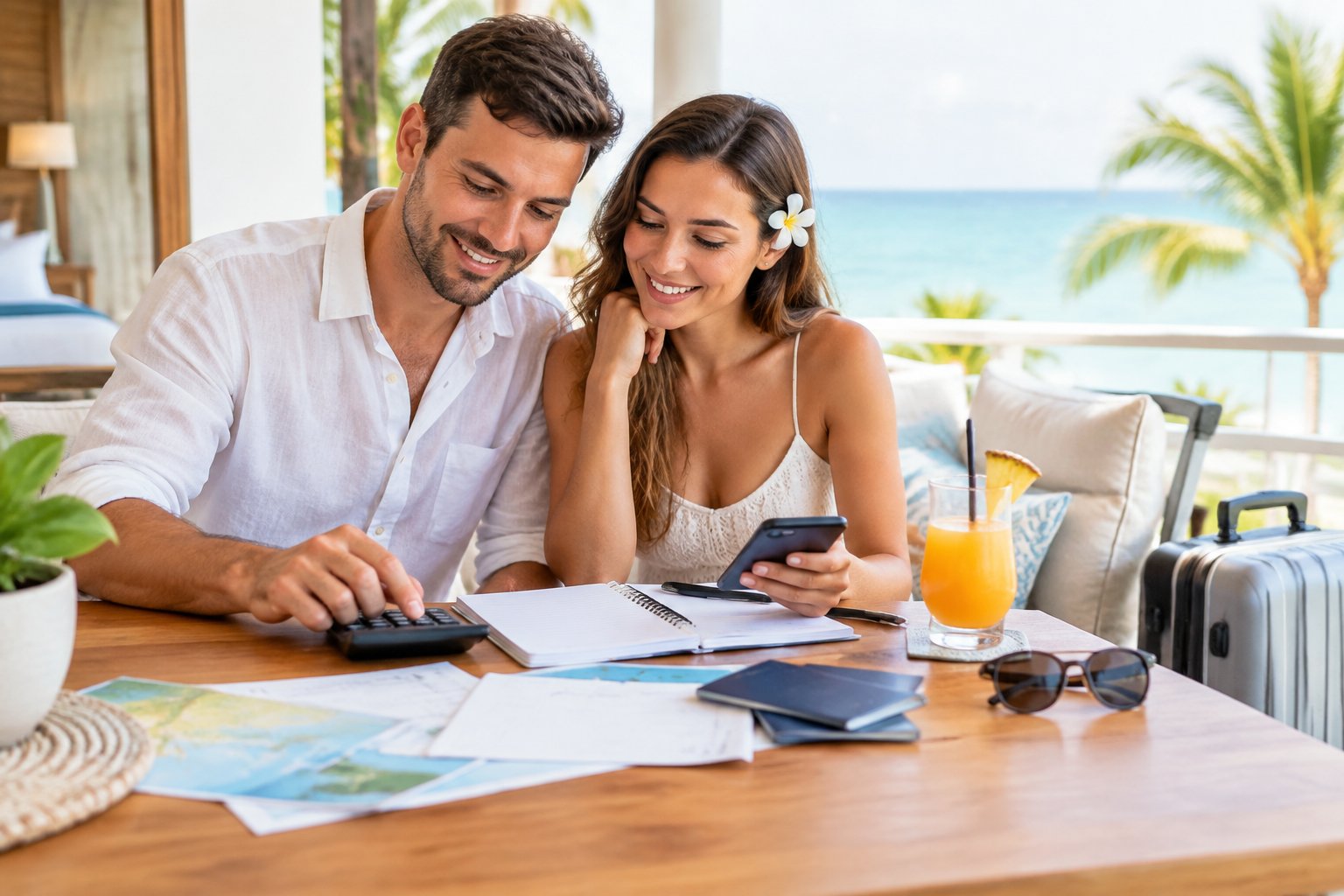A newlywed couple reviews their honeymoon budget together at a bright resort.