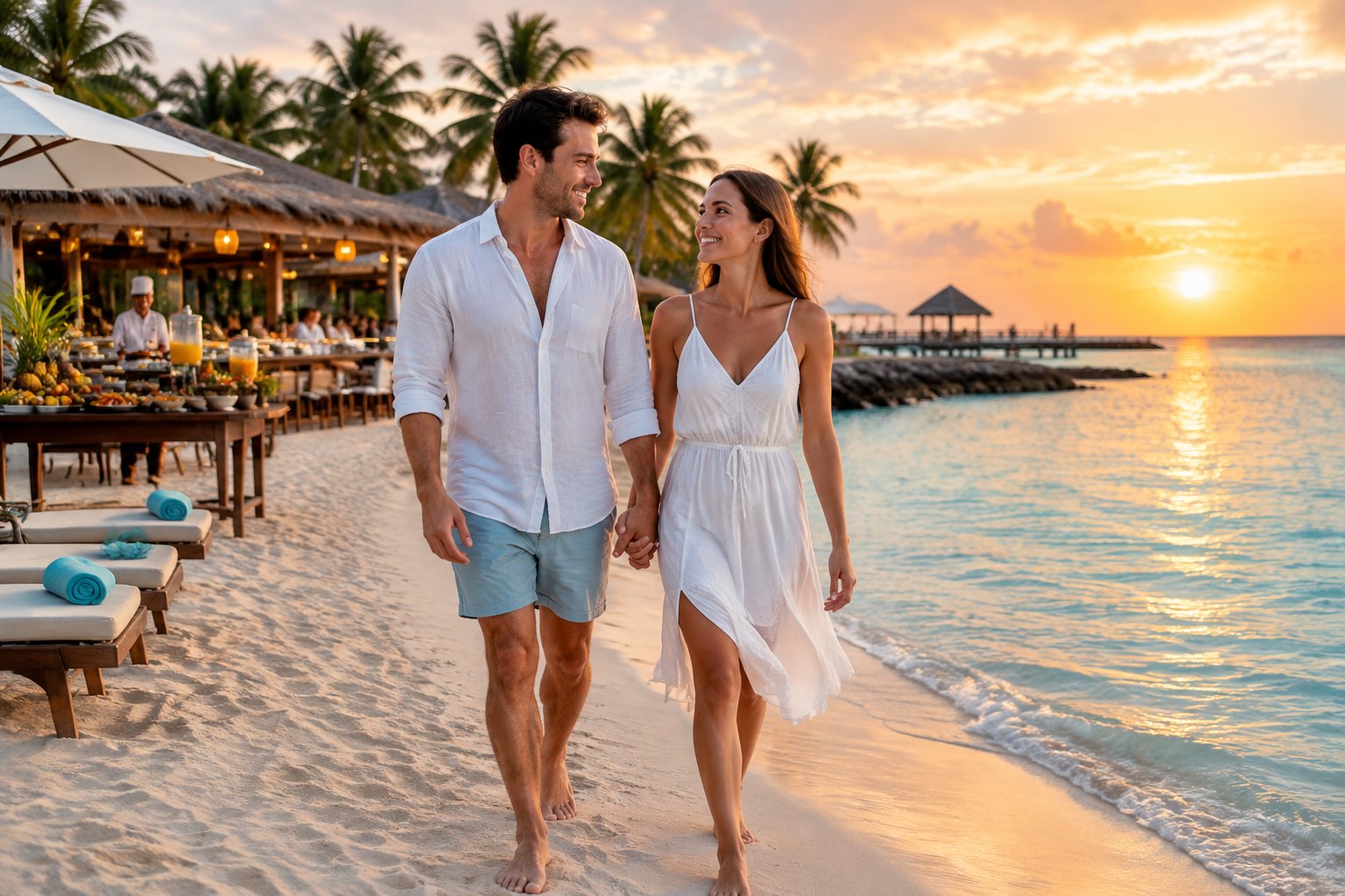 A newlywed couple walks hand in hand along a tropical resort beach near sunset.