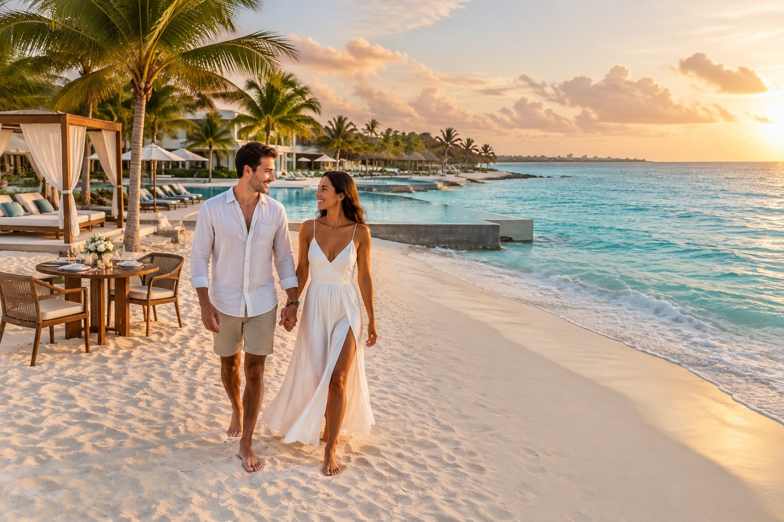 Newlywed couple walking along a tropical beach beside a luxury resort.