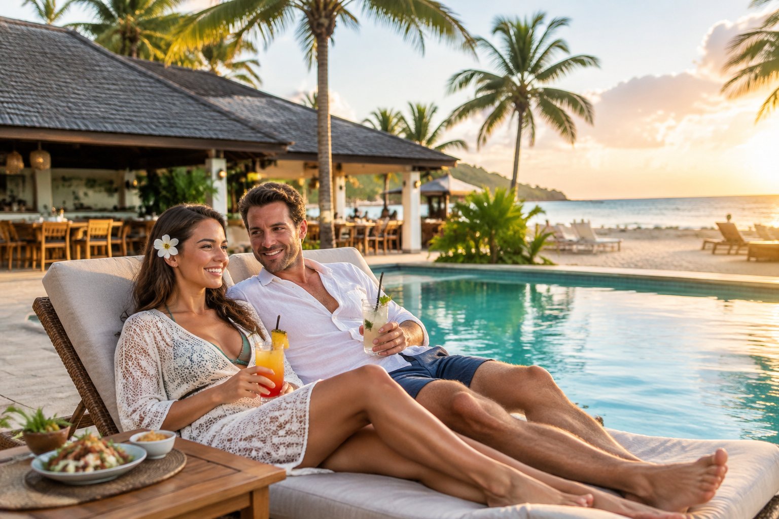 A newlywed couple relaxes beside a swimming pool at a tropical beachfront resort.