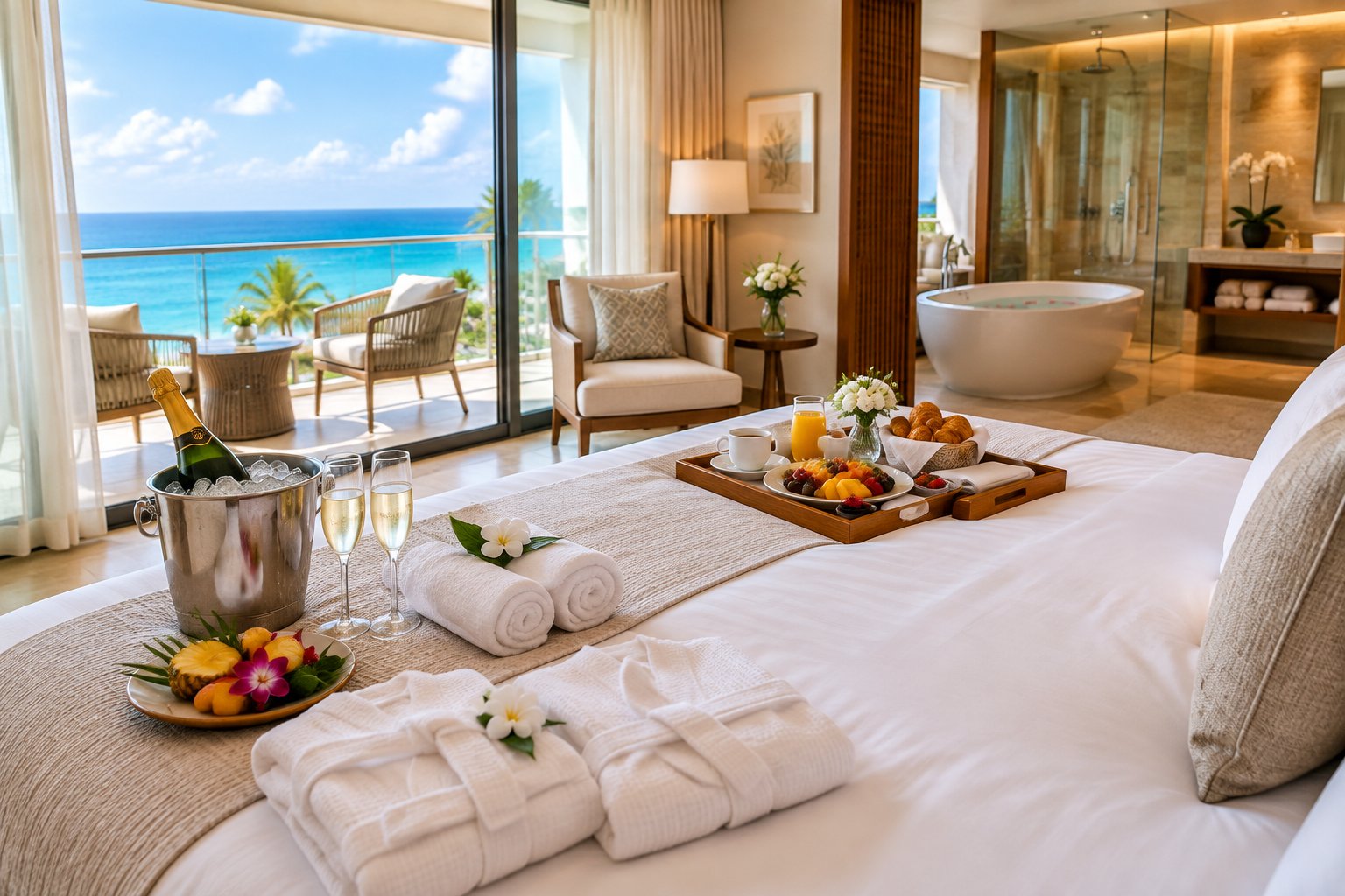 Luxury honeymoon suite with tropical amenities, champagne, fruit, and a view of the Caribbean.