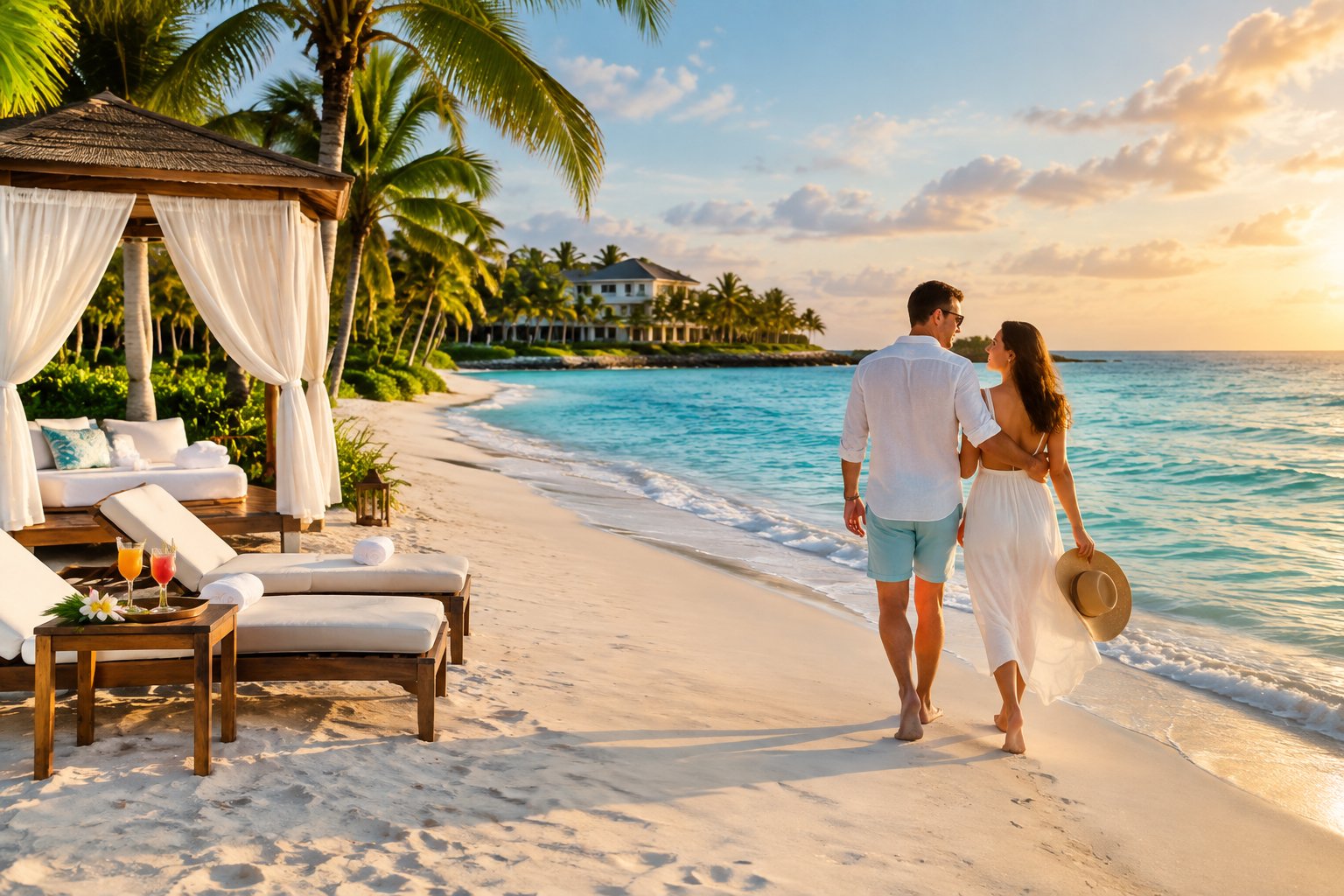 A couple walks hand in hand along a white-sand beach at a luxury Bahamian resort during sunset.