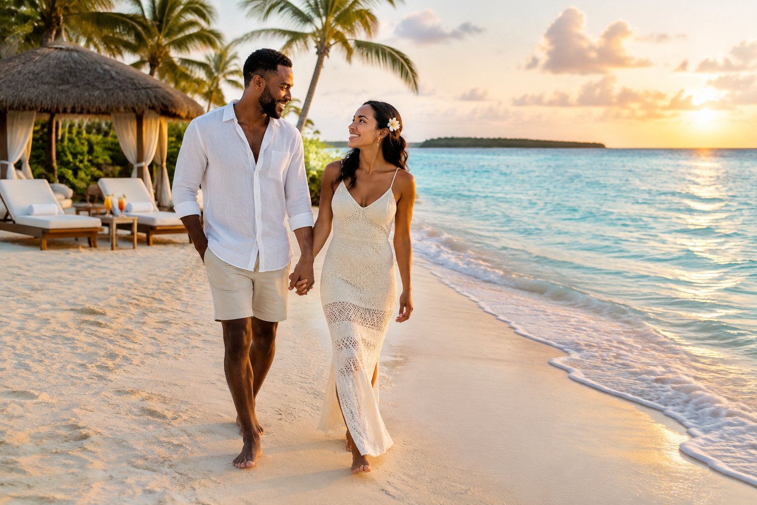 Newlywed couple walking hand in hand along a white-sand beach at a luxury Bahamas resort.