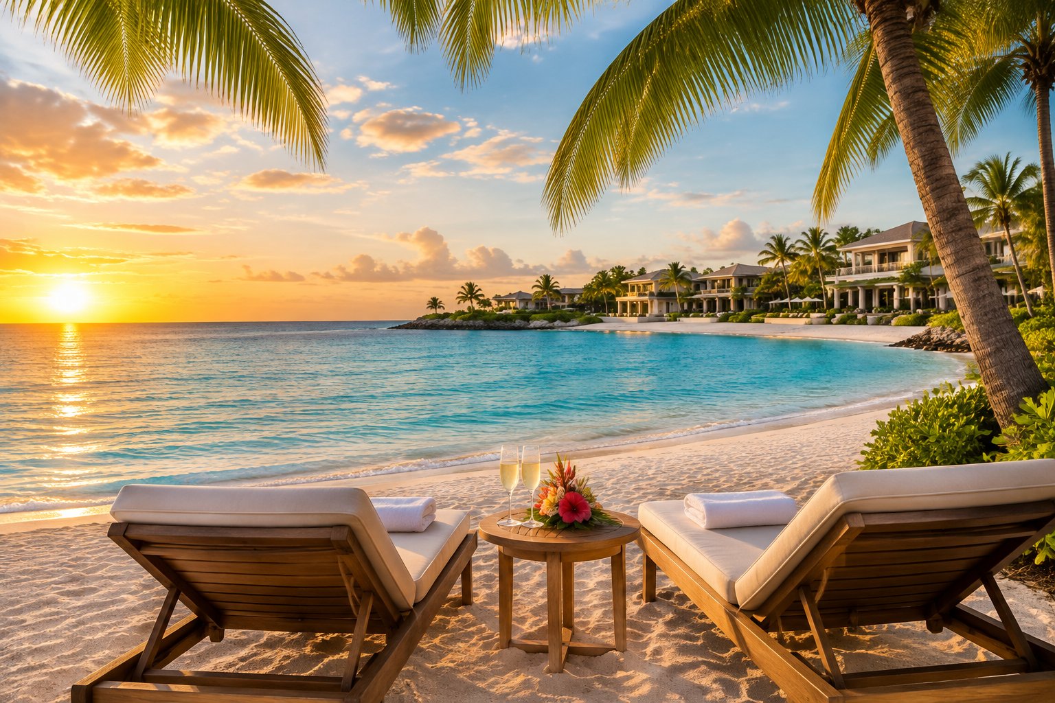A romantic beachfront resort in the Bahamas with lounge chairs, tropical flowers, and turquoise water.