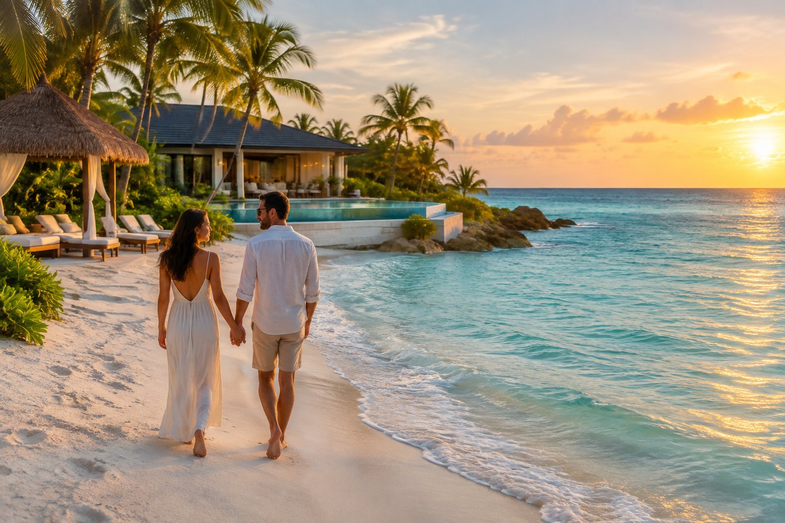 A couple walks hand in hand along a tropical beach beside a luxury resort in the Bahamas.