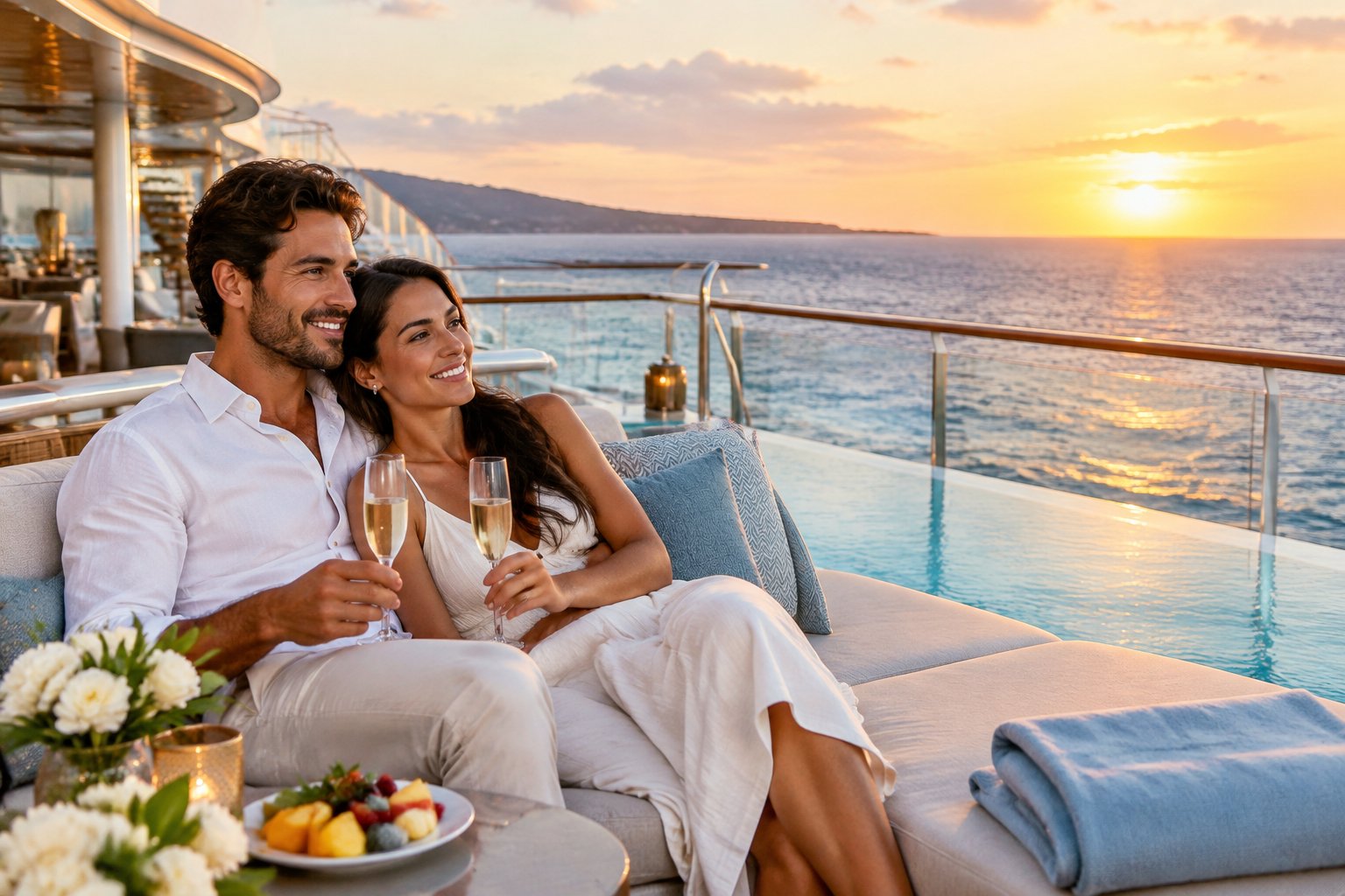 A newlywed couple embraces on a luxury cruise ship deck overlooking the ocean at sunset.