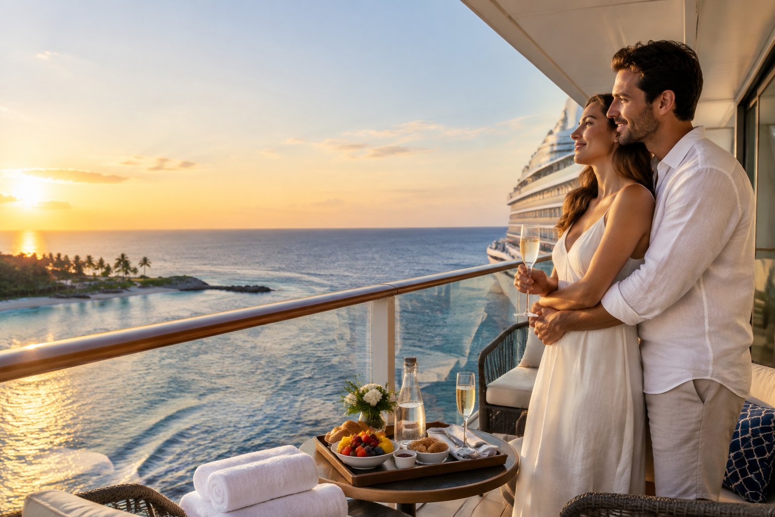 Newlywed couple enjoying breakfast on the balcony of a luxury cruise ship suite overlooking a tropical ocean.