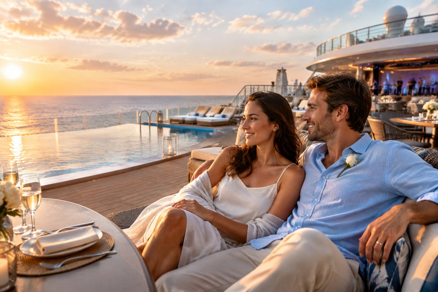 A newlywed couple relaxes together on the deck of a cruise ship overlooking the ocean.