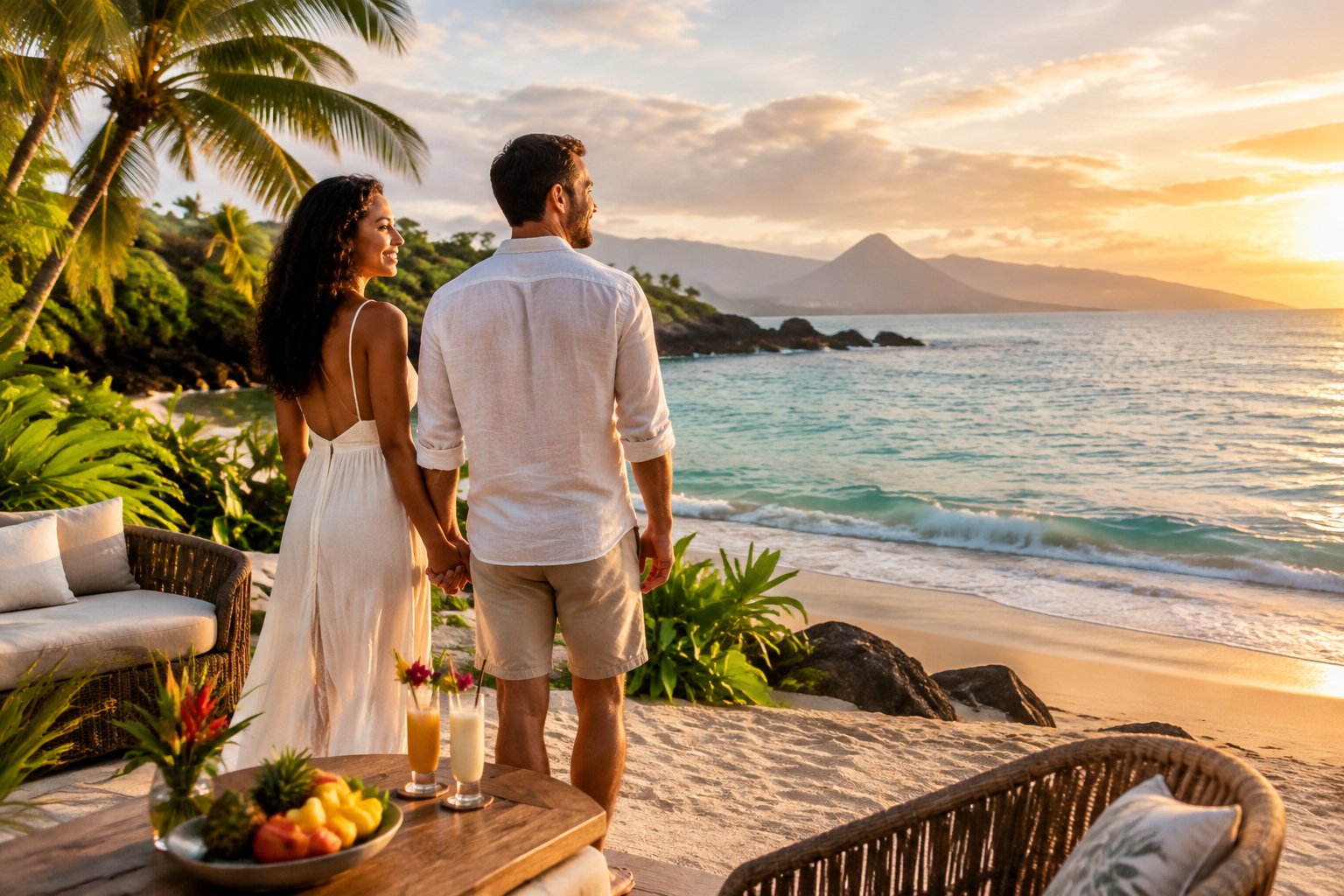A newlywed couple relaxes together on a secluded Costa Rican beach surrounded by tropical greenery and ocean views.