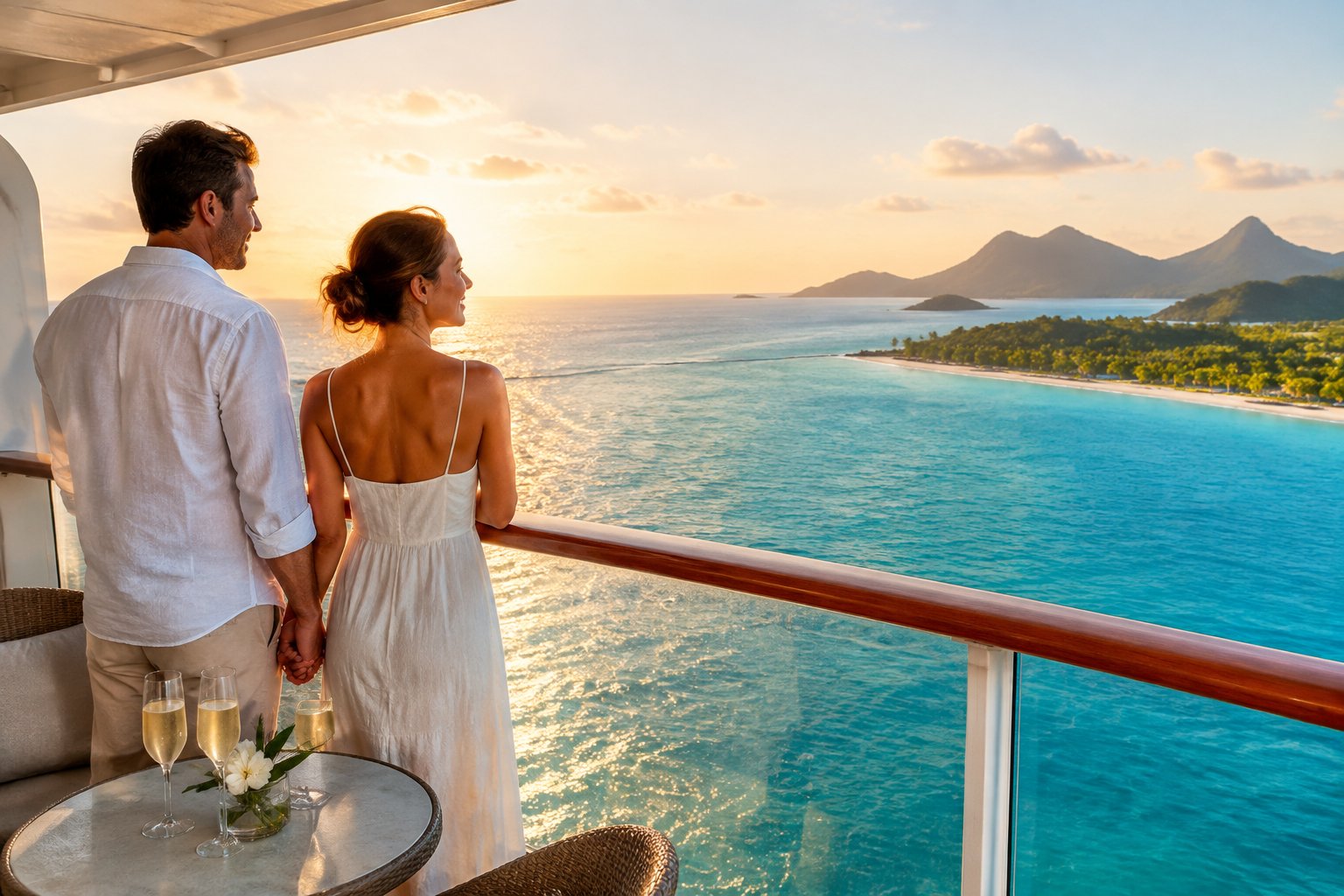 Newlywed couple on a cruise ship balcony overlooking a tropical island destination.